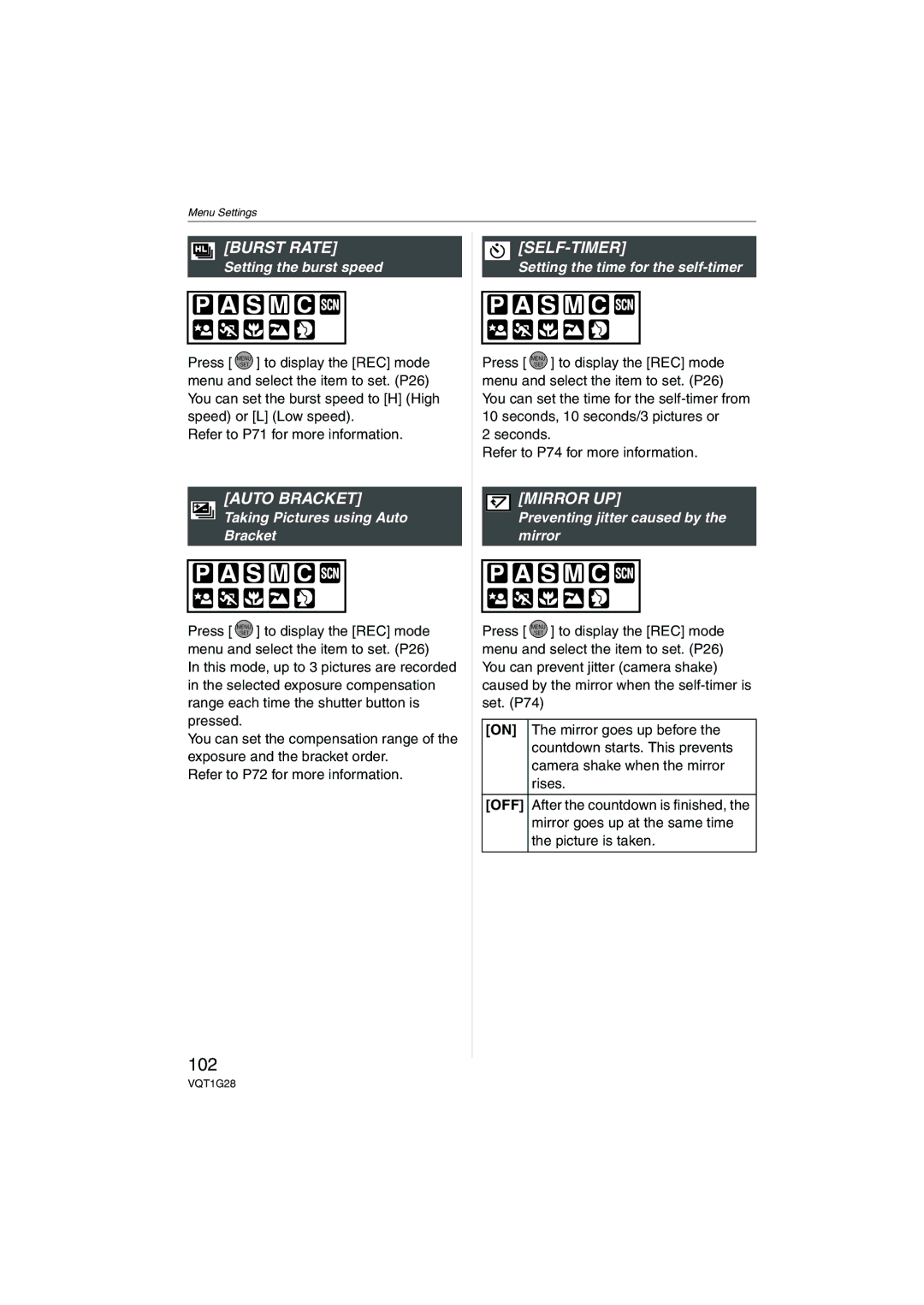 Panasonic DMC-L10K operating instructions 102, Burst Rate, Auto Bracket, Self-Timer, Mirror UP 