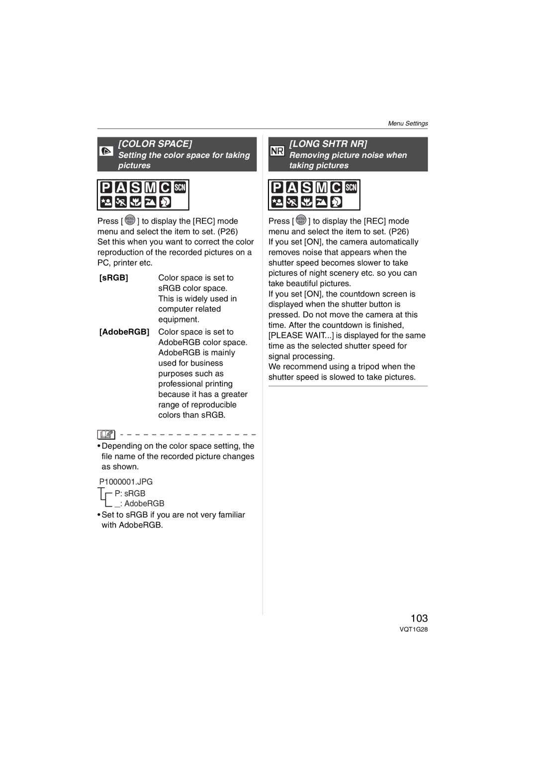 Panasonic DMC-L10K operating instructions 103, Color Space, Long Shtr NR, Setting the color space for taking pictures 