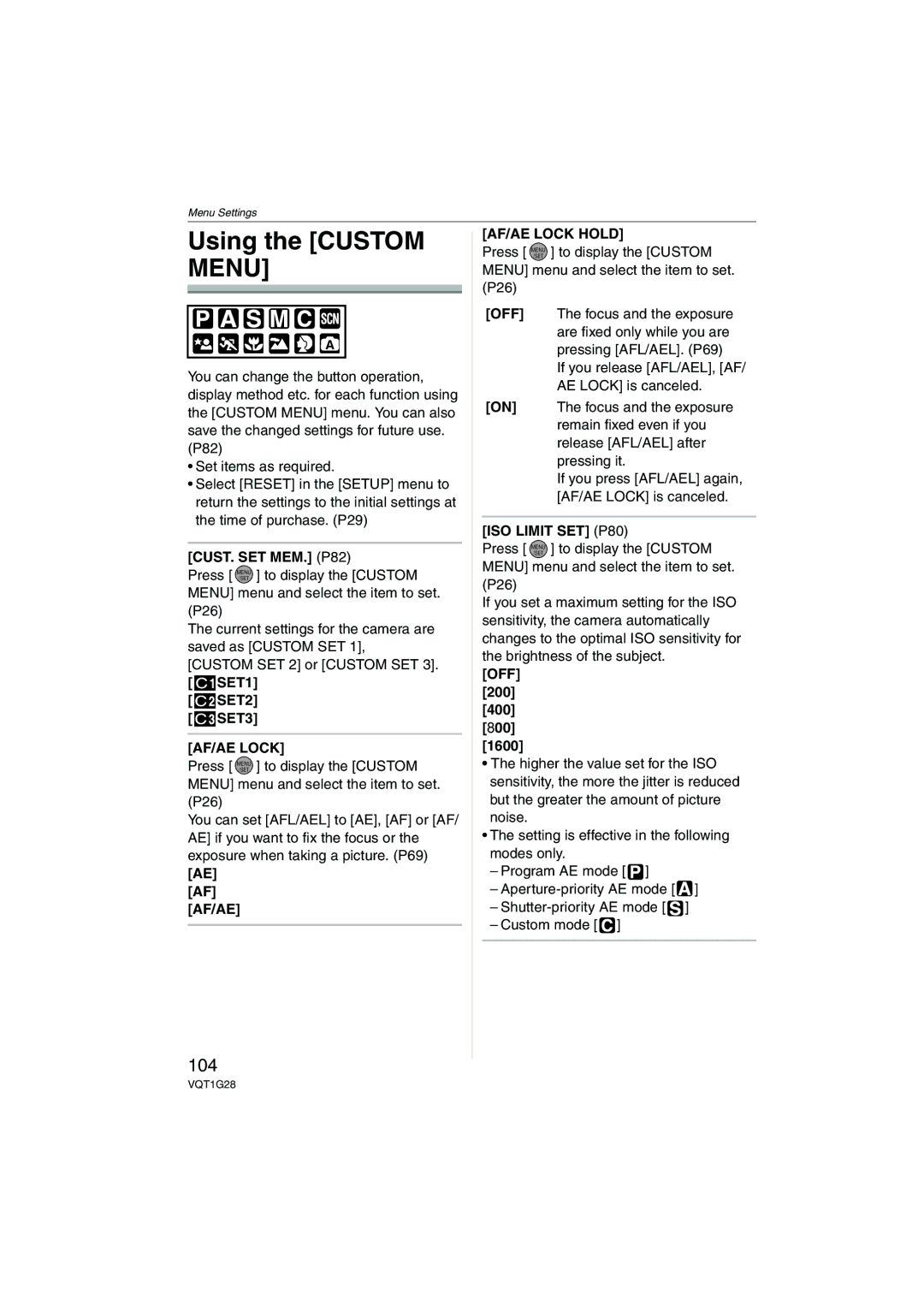 Panasonic DMC-L10K operating instructions Using the Custom Menu, 104 