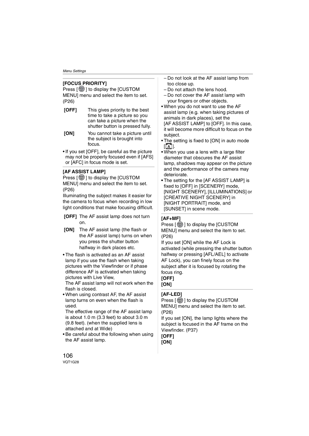 Panasonic DMC-L10K operating instructions 106, Focus Priority, AF Assist Lamp, Af+Mf, Off Af-Led 