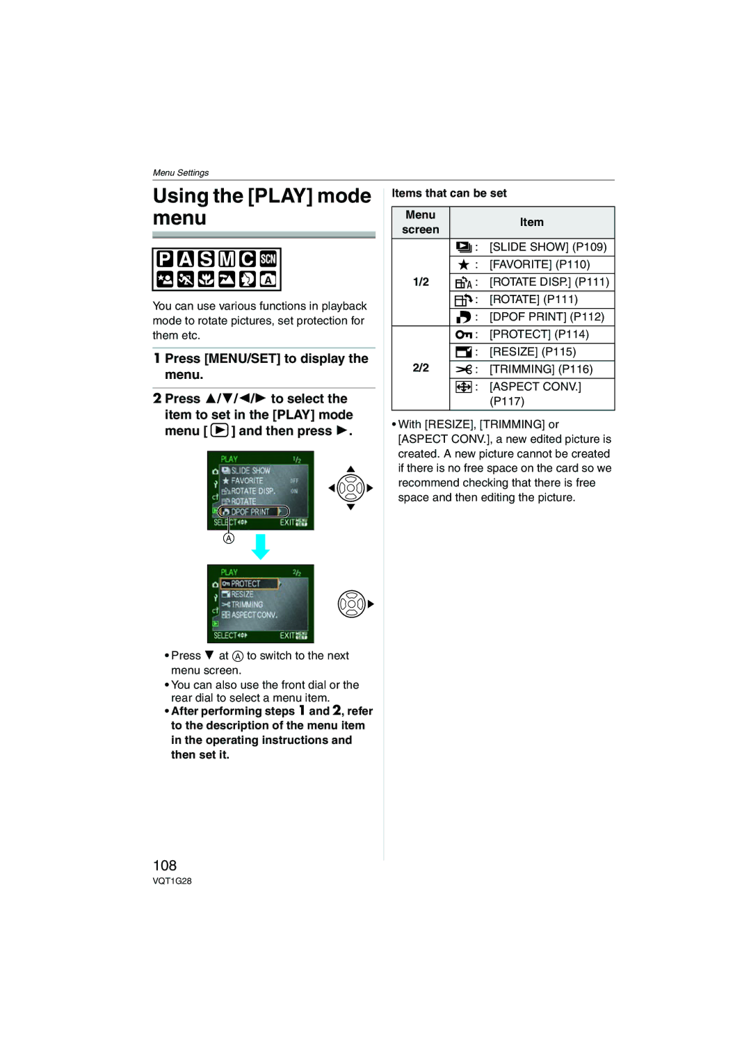 Panasonic DMC-L10K operating instructions Using the Play mode menu, 108, Items that can be set Menu 