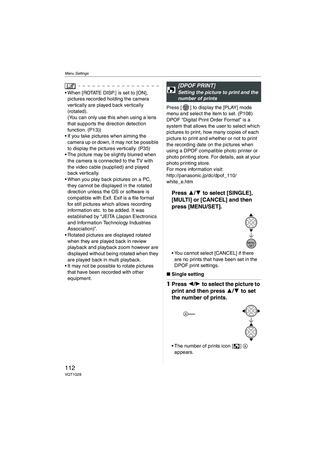 Panasonic DMC-L10K 112, Dpof Print, Setting the picture to print and the number of prints, Single setting 