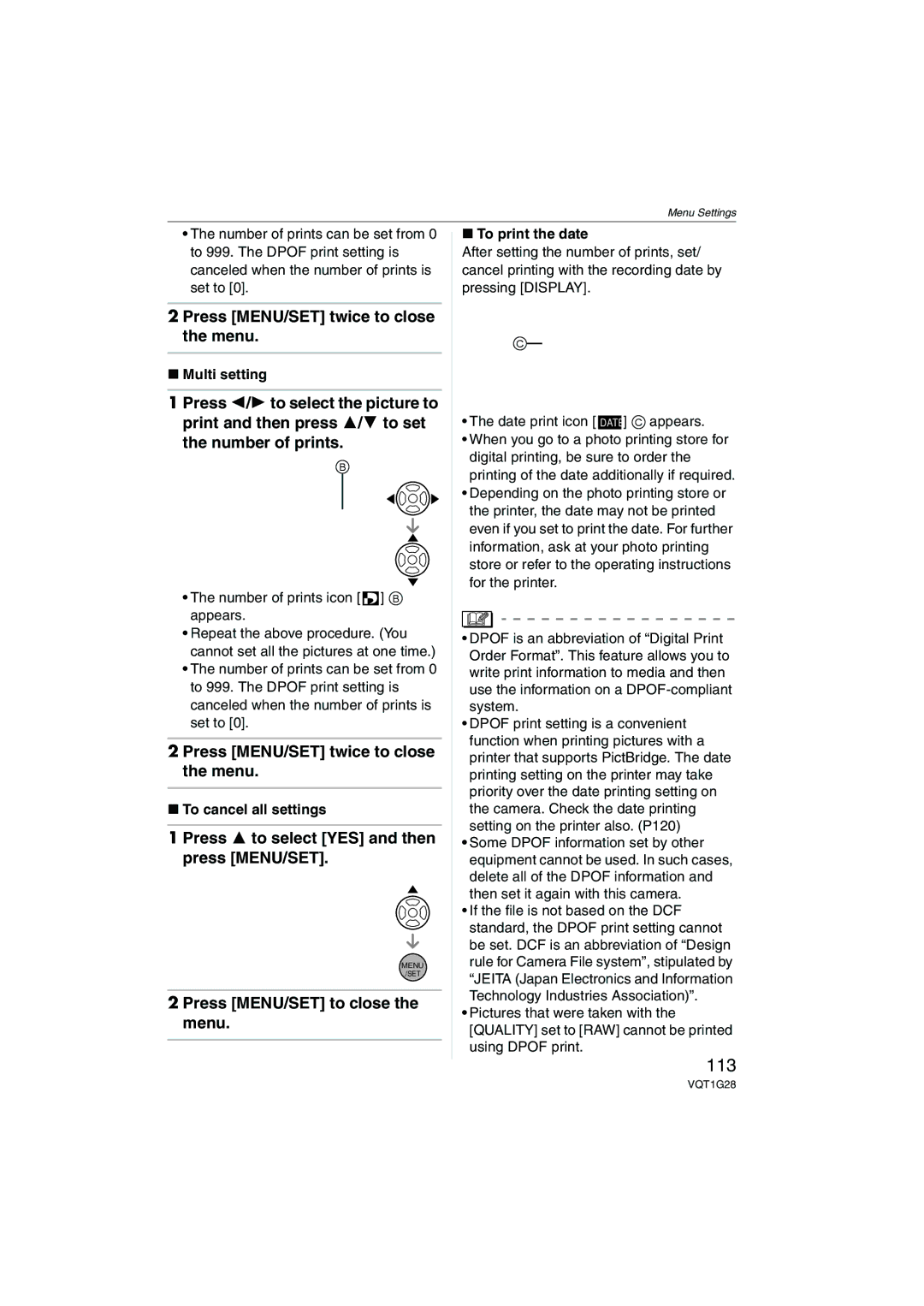 Panasonic DMC-L10K 113, Multi setting, Number of prints icon B appears, To cancel all settings, To print the date 