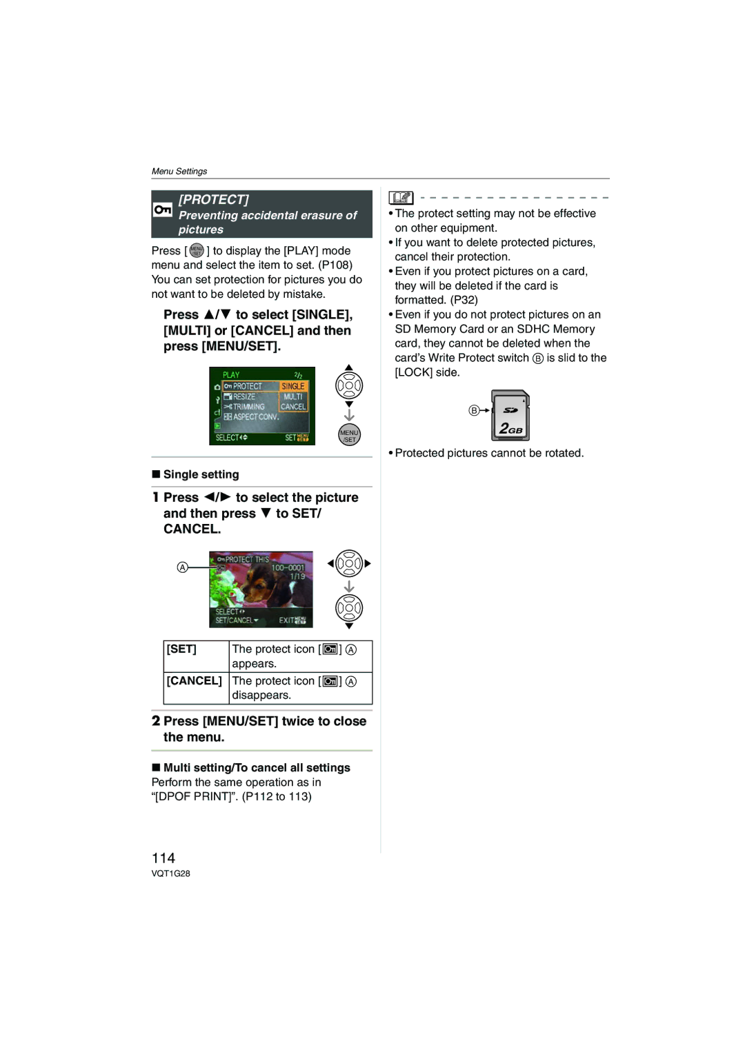 Panasonic DMC-L10K operating instructions 114, Protect, Preventing accidental erasure of pictures, Set 