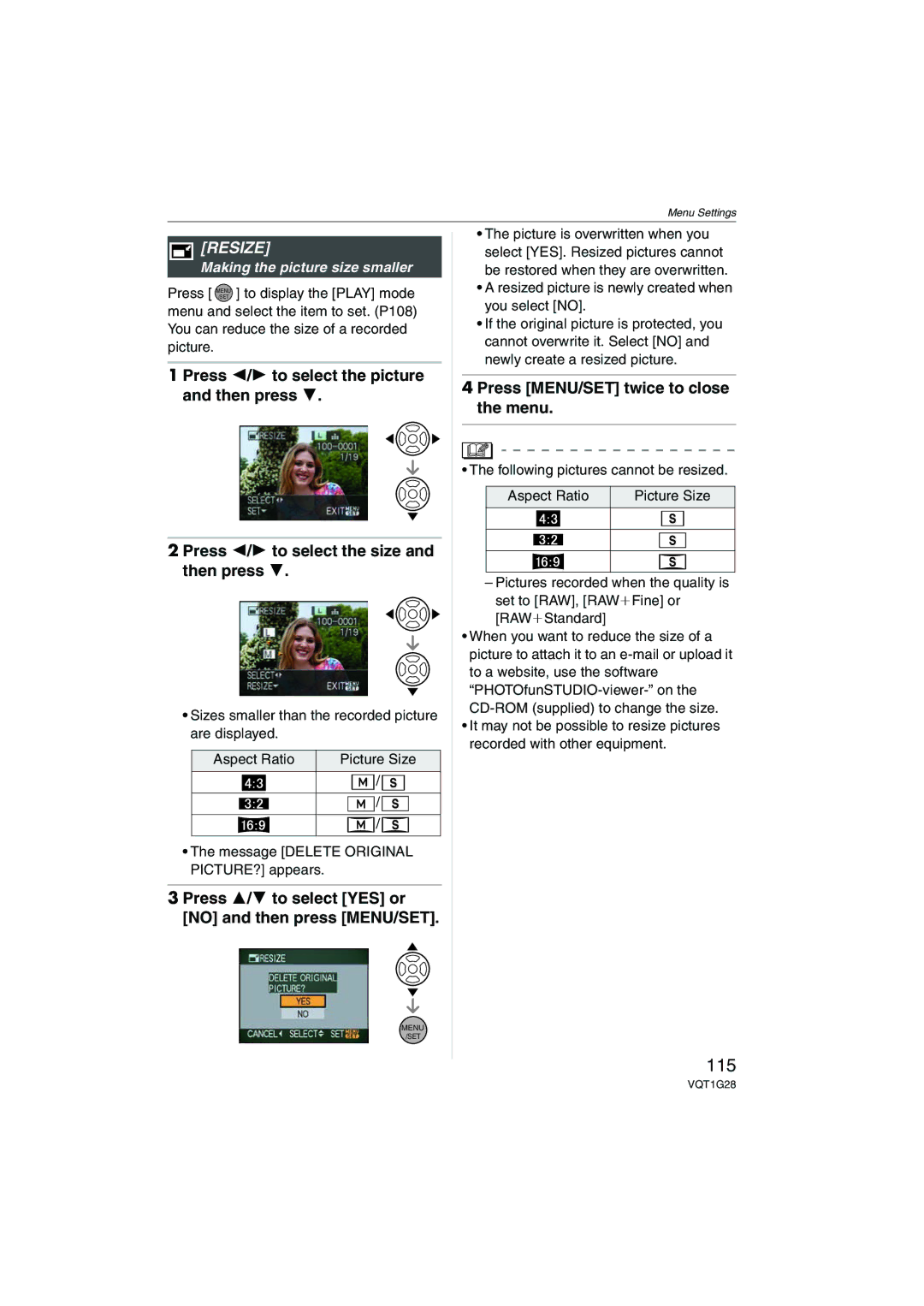 Panasonic DMC-L10K 115, Resize, Press 3/4 to select YES or no and then press MENU/SET, Making the picture size smaller 