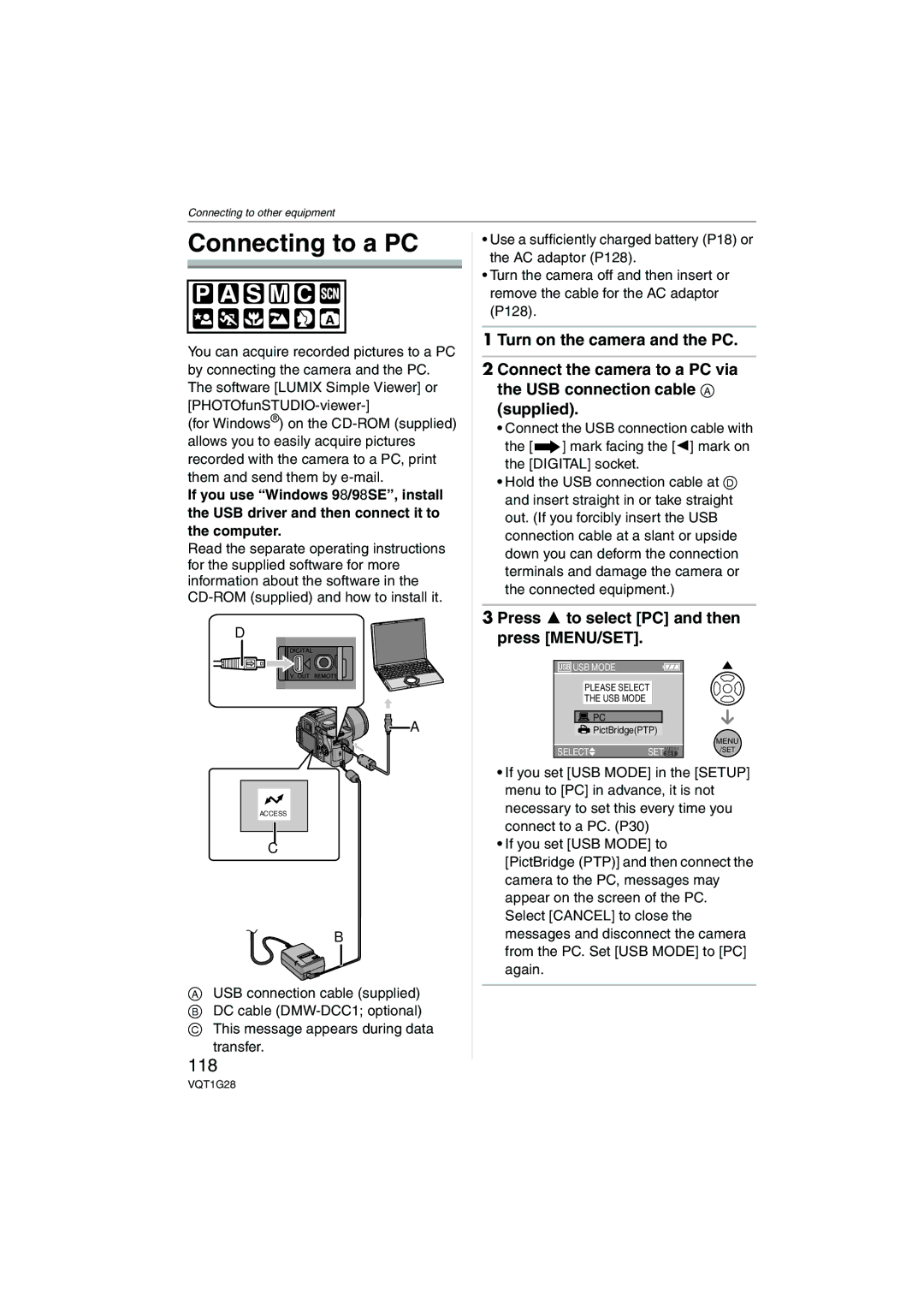 Panasonic DMC-L10K operating instructions Connecting to a PC, 118, Press 3 to select PC and then press MENU/SET 