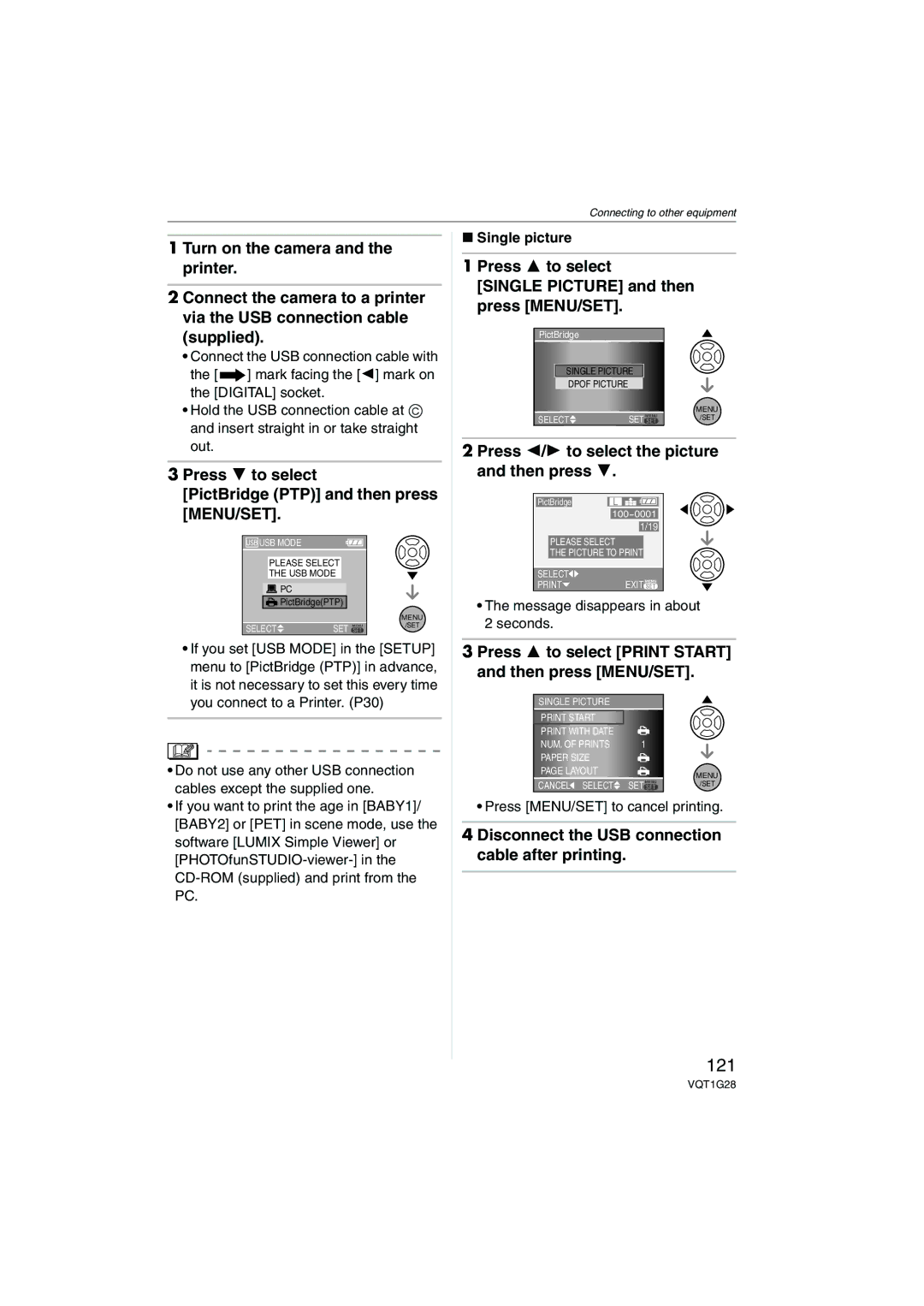 Panasonic DMC-L10K operating instructions 121, Press 4 to select PictBridge PTP and then press MENU/SET 