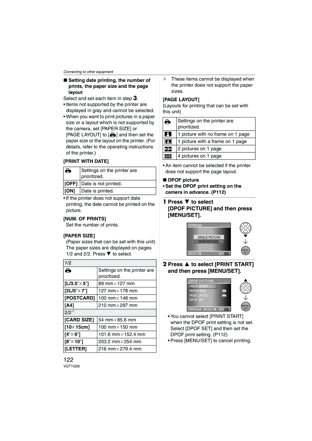 Panasonic DMC-L10K operating instructions 122, Press 4 to select Dpof Picture and then press MENU/SET 