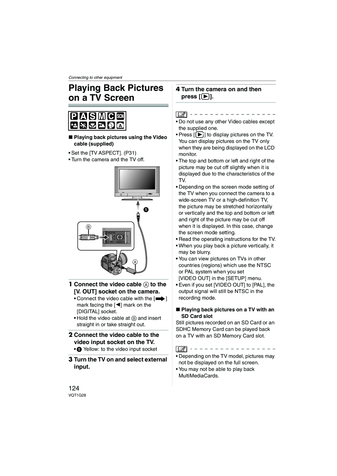 Panasonic DMC-L10K Playing Back Pictures on a TV Screen, 124, Connect the video cable to the video input socket on the TV 