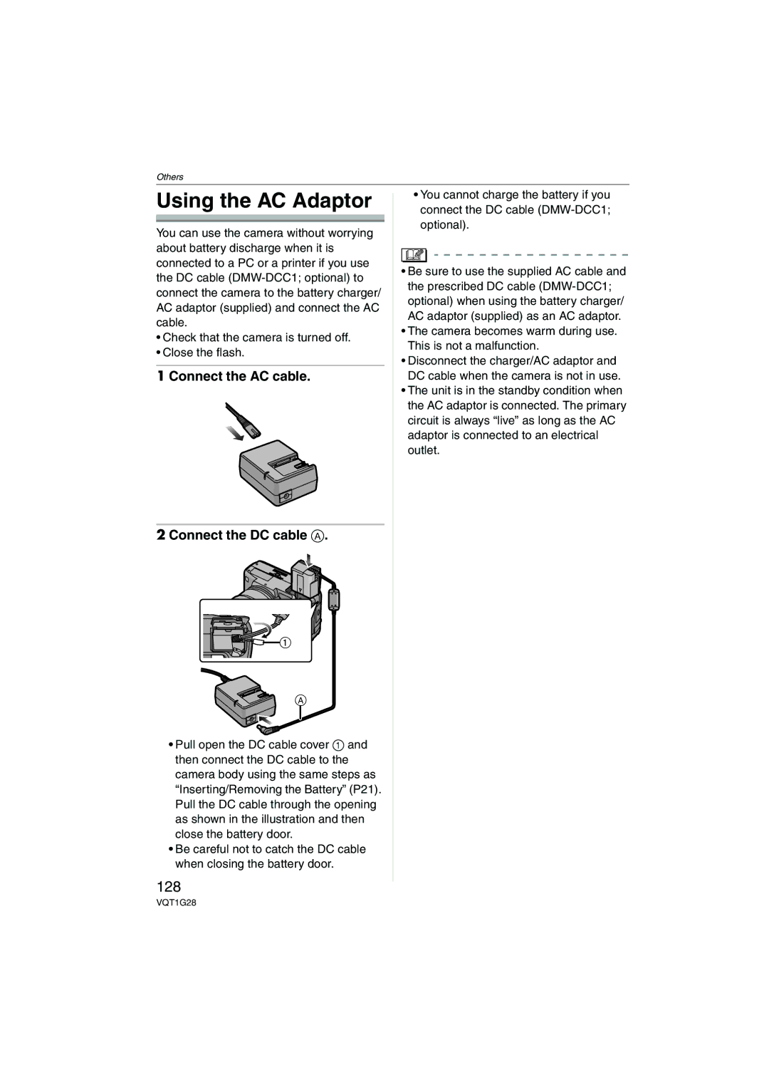 Panasonic DMC-L10K operating instructions Using the AC Adaptor, 128, Connect the AC cable Connect the DC cable a 