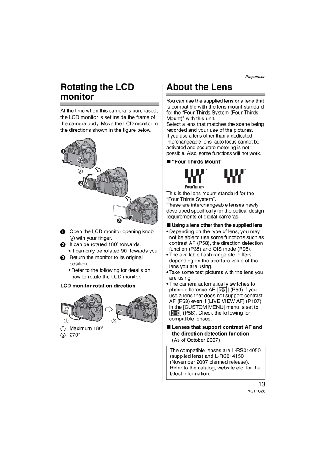 Panasonic DMC-L10K Rotating the LCD monitor, About the Lens, LCD monitor rotation direction, Four Thirds Mount 