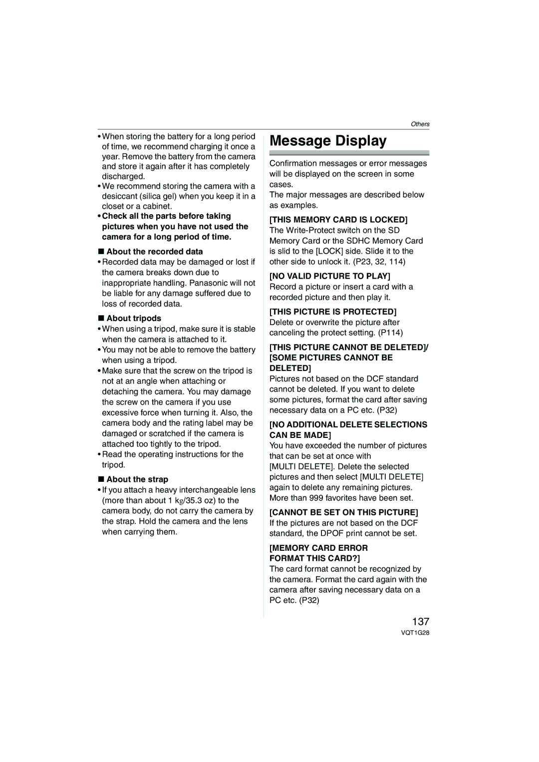 Panasonic DMC-L10K operating instructions Message Display, 137 