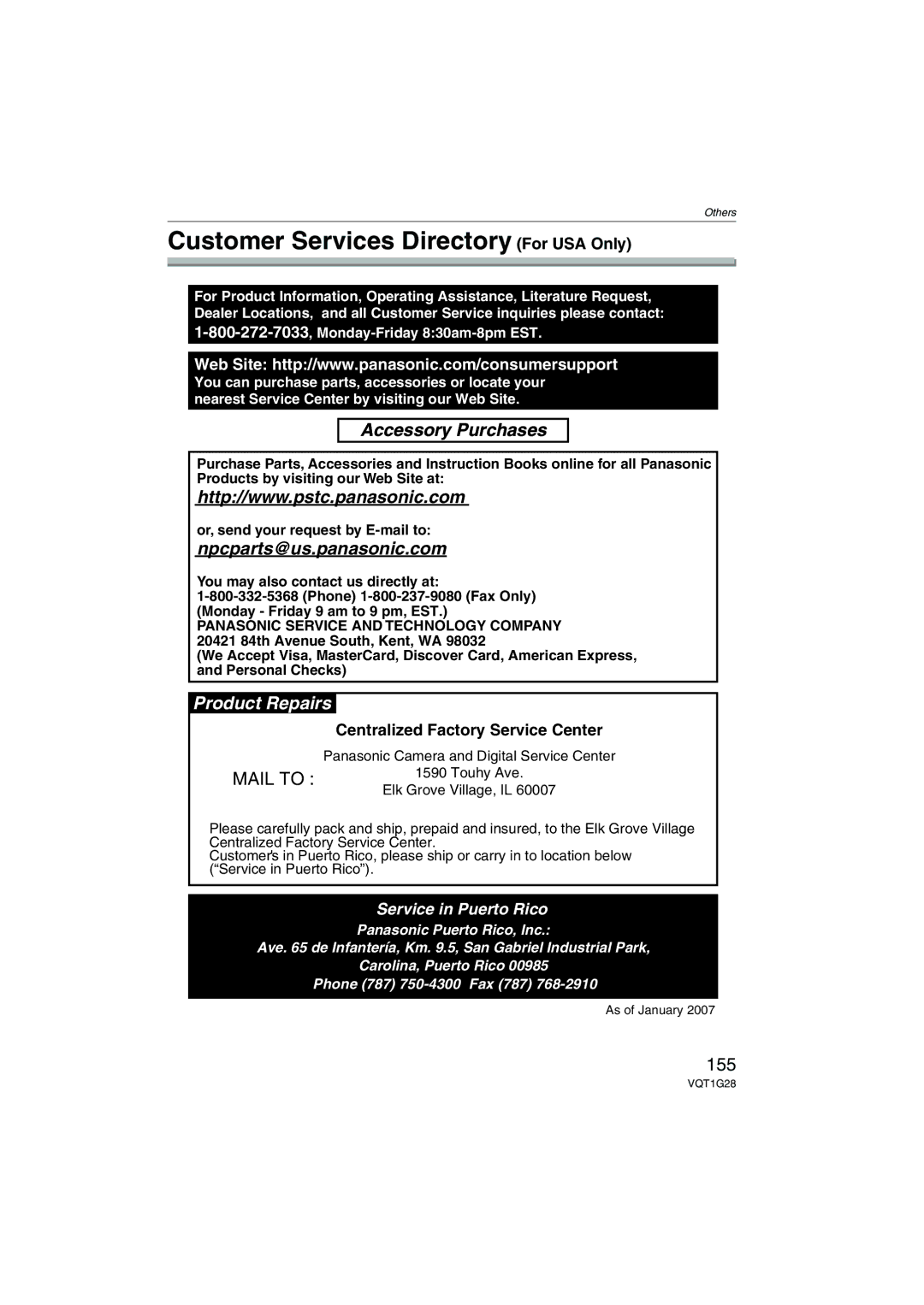 Panasonic DMC-L10K operating instructions Customer Services Directory For USA Only, 155, Centralized Factory Service Center 