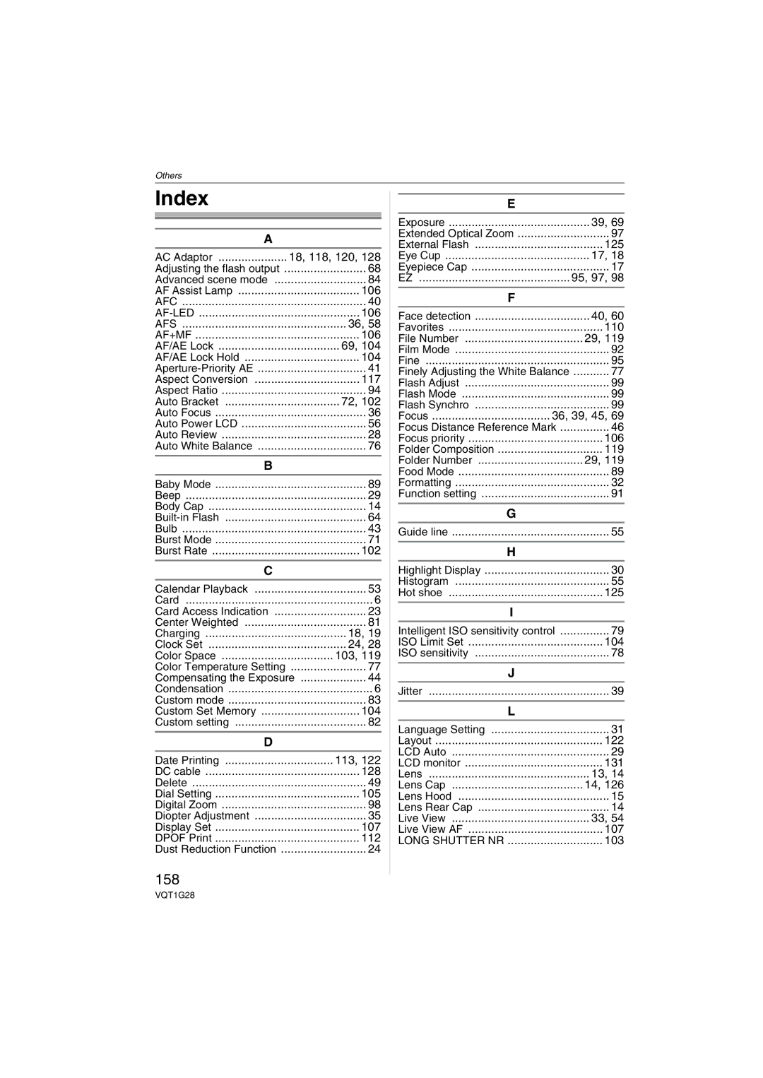 Panasonic DMC-L10K operating instructions Index, 158 