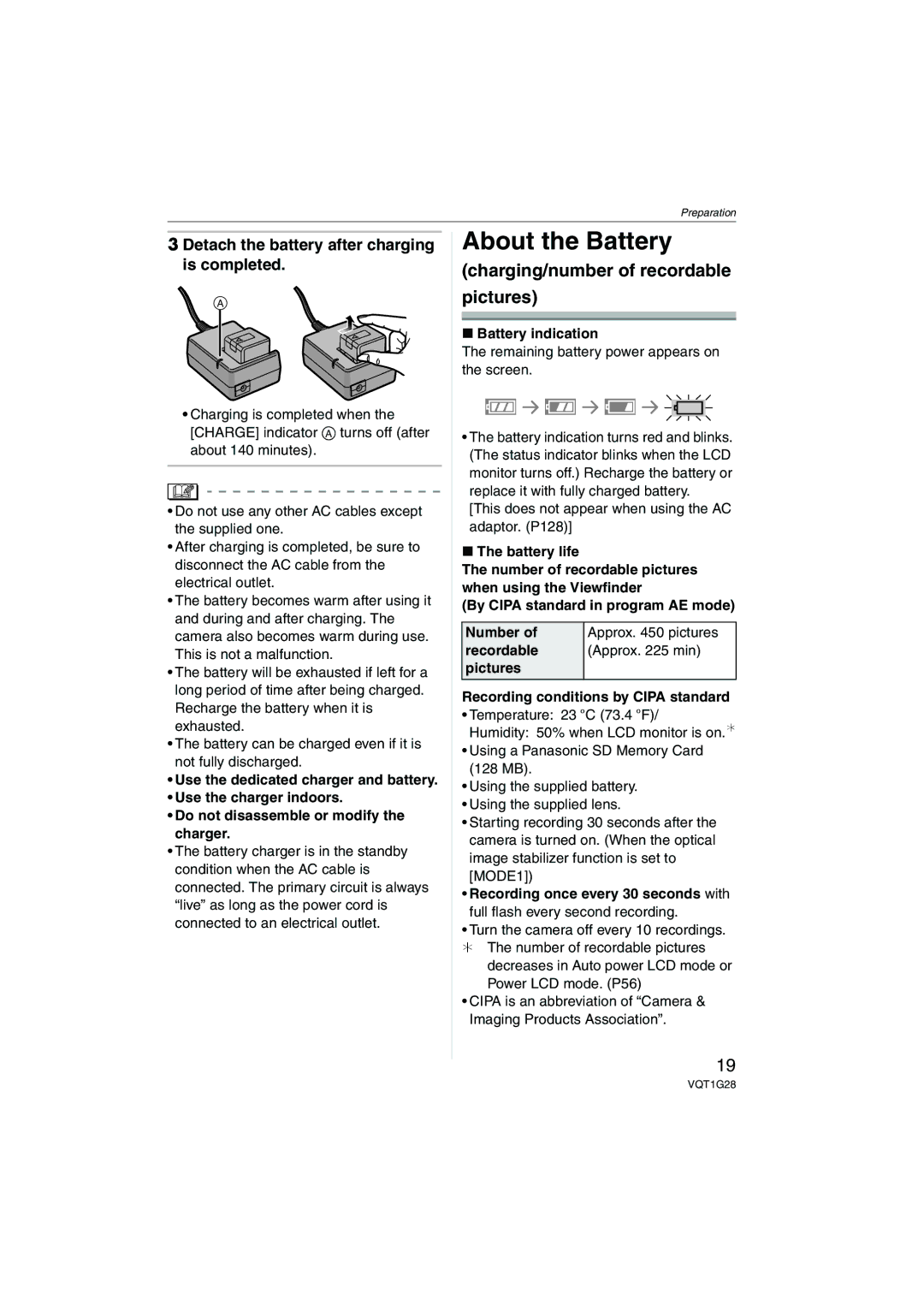 Panasonic DMC-L10K About the Battery, Detach the battery after charging is completed, Battery indication, Battery life 