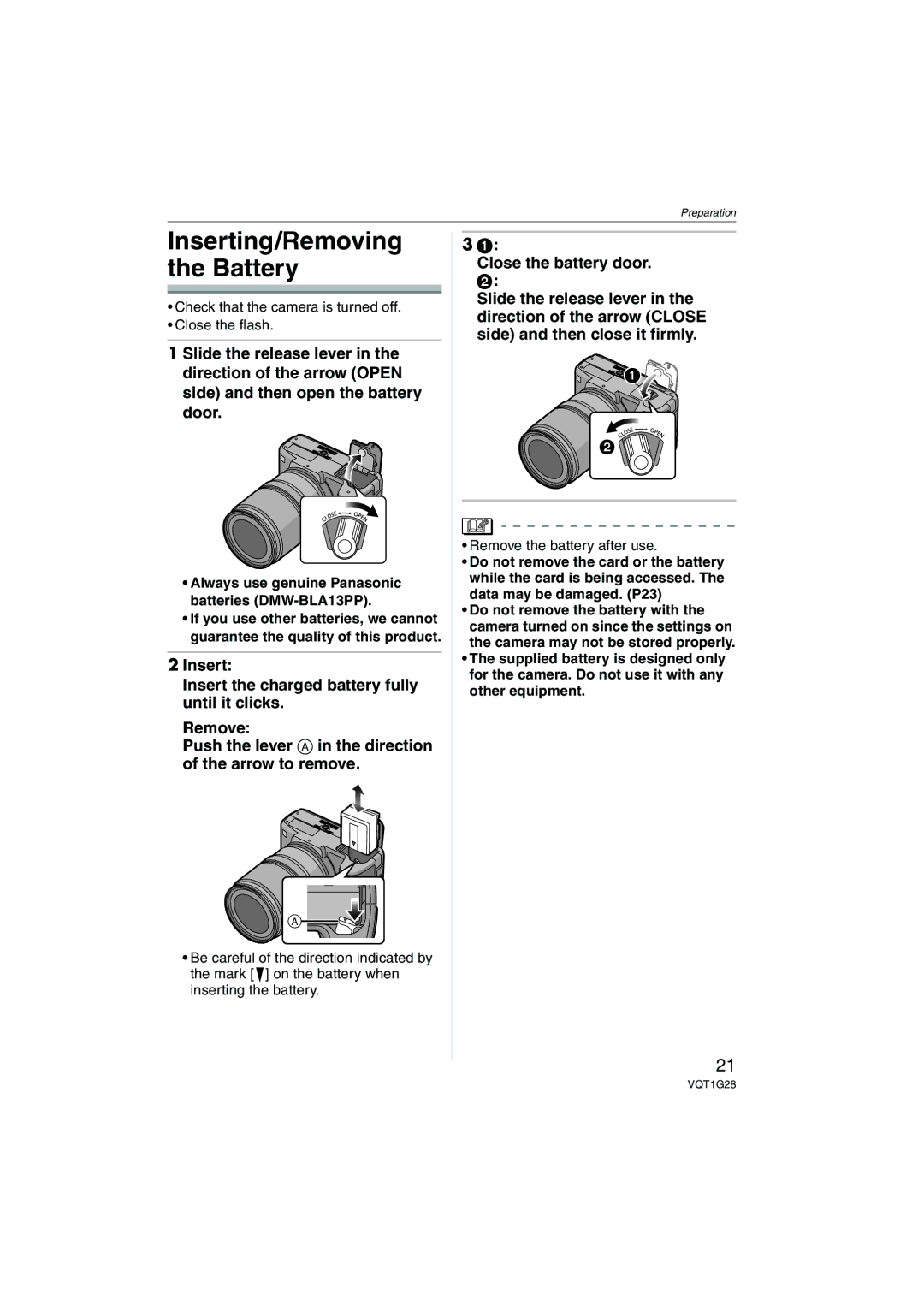 Panasonic DMC-L10K operating instructions Inserting/Removing the Battery, Remove the battery after use 