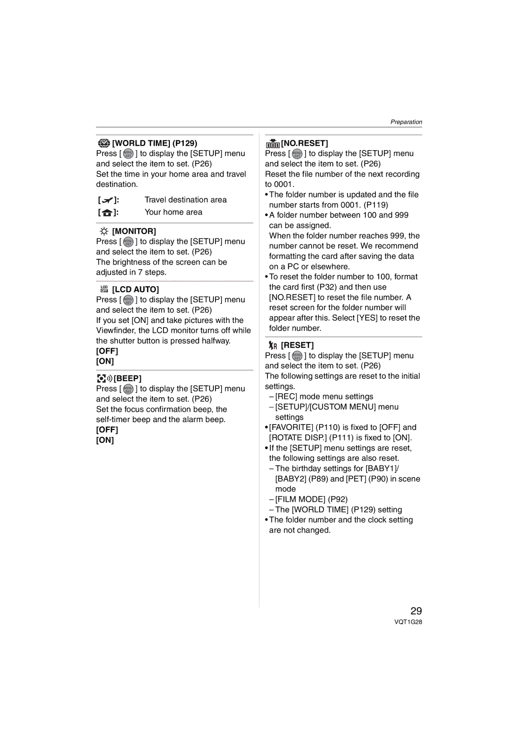 Panasonic DMC-L10K operating instructions Monitor, LCD Auto, Off No.Reset 