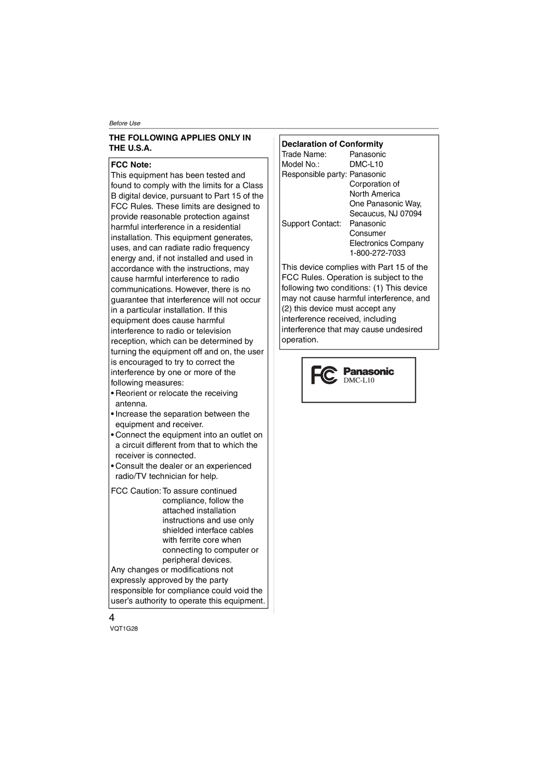 Panasonic DMC-L10K operating instructions Following Applies only in the U.S.A, FCC Note, Declaration of Conformity 