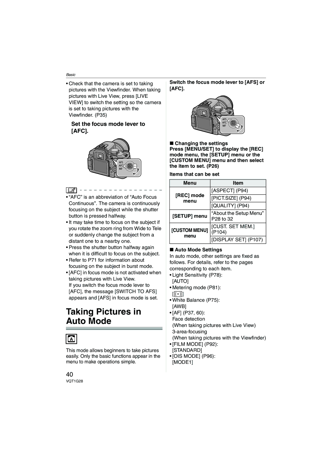 Panasonic DMC-L10K operating instructions Taking Pictures in Auto Mode, Set the focus mode lever to AFC, Auto Mode Settings 