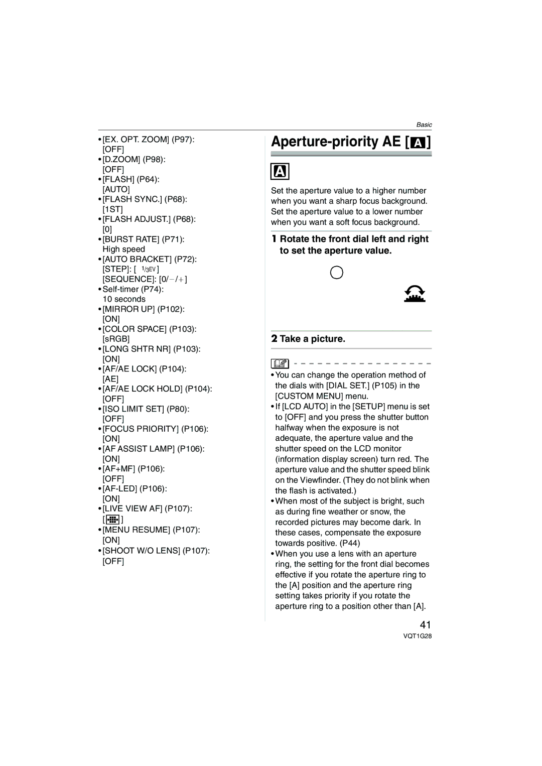 Panasonic DMC-L10K operating instructions Aperture-priority AE, Auto Bracket P72, Focus Priority P106 on 