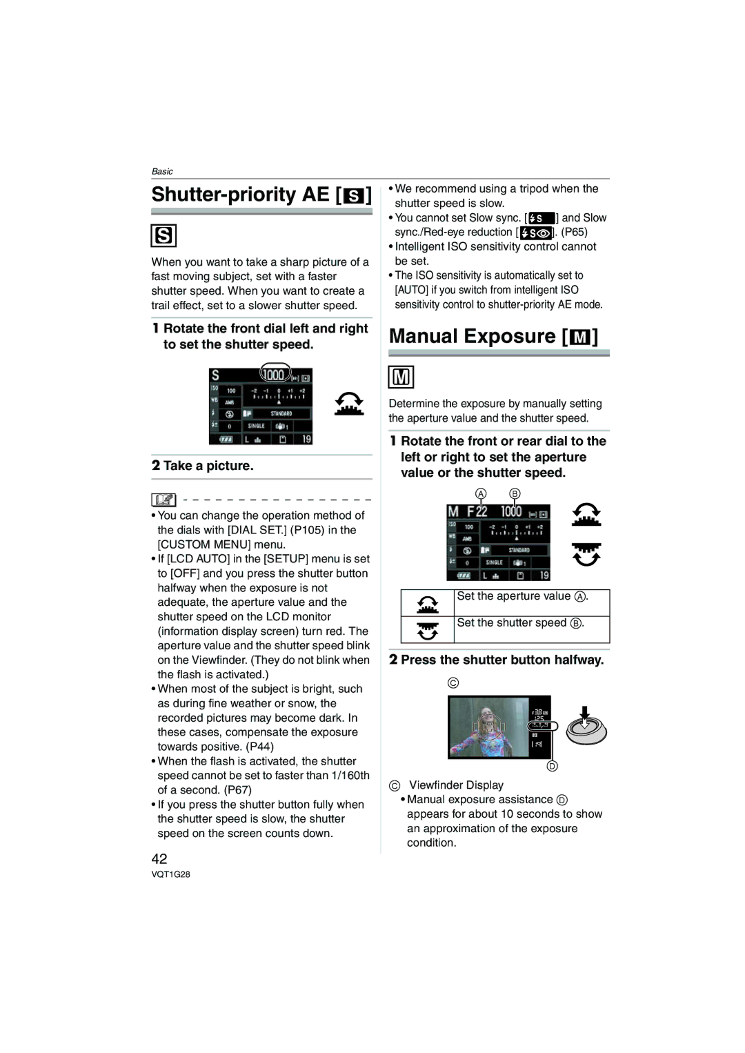 Panasonic DMC-L10K operating instructions Shutter-priority AE, Manual Exposure, Press the shutter button halfway 