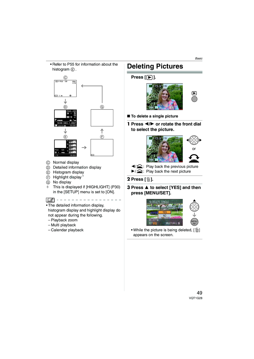 Panasonic DMC-L10K Deleting Pictures, Press Press 3 to select YES and then press MENU/SET, To delete a single picture 