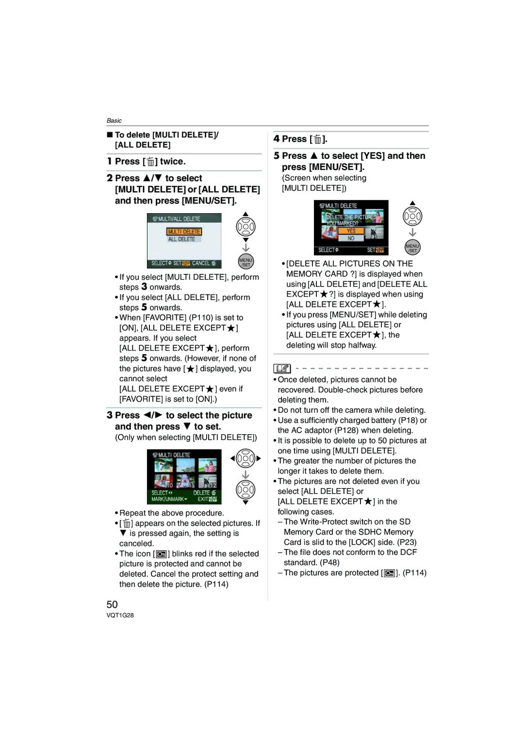 Panasonic DMC-L10K Press 2/1 to select the picture and then press 4 to set, To delete Multi Delete, ALL Delete 