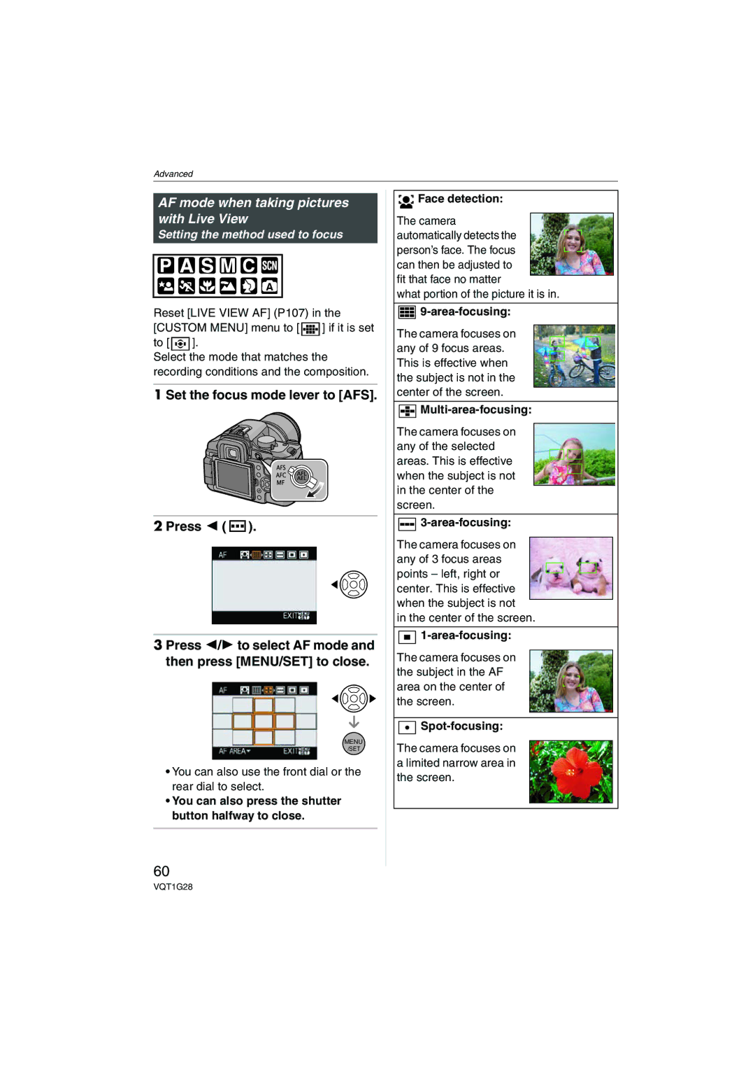 Panasonic DMC-L10K operating instructions AF mode when taking pictures with Live View, Setting the method used to focus 