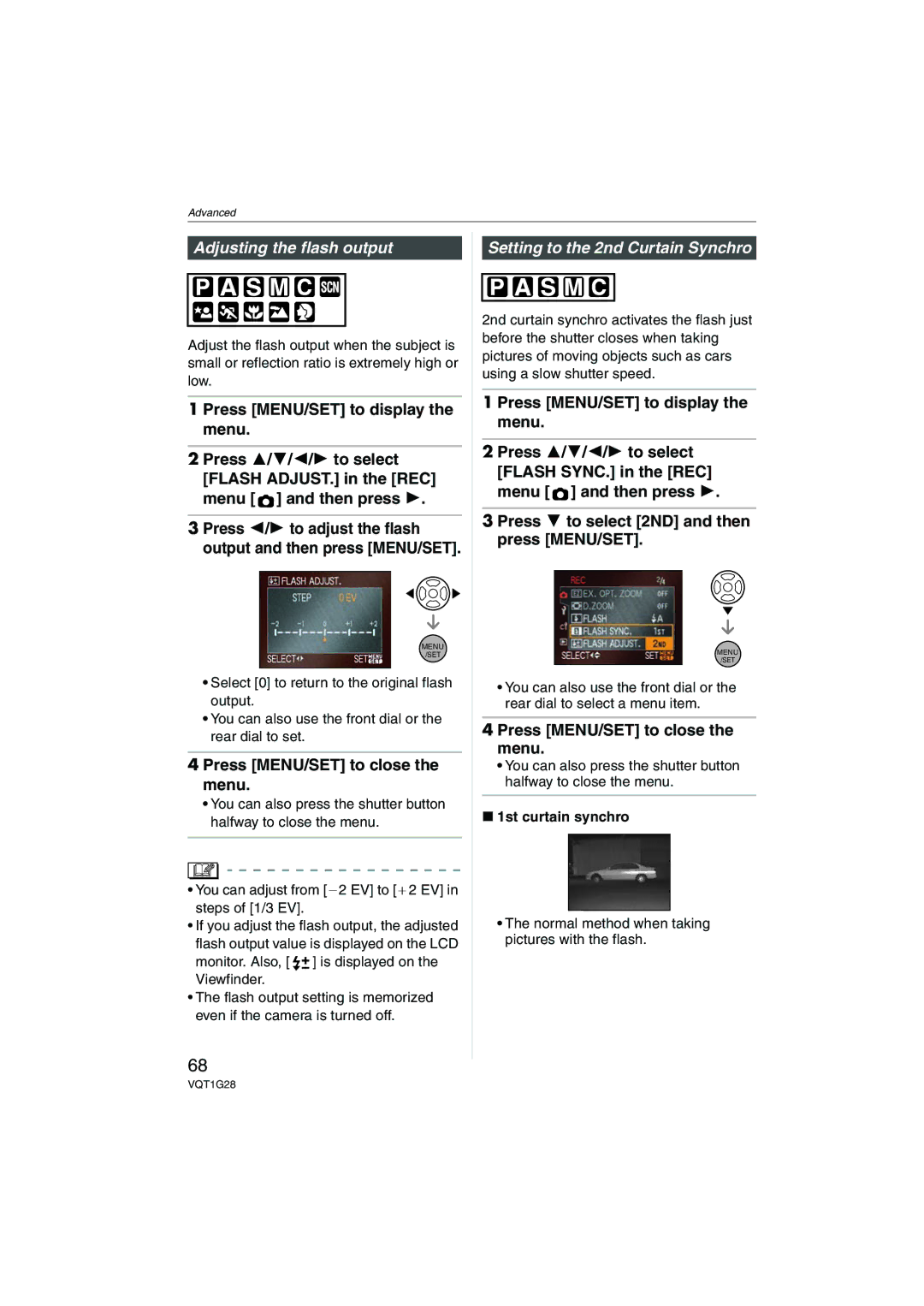 Panasonic DMC-L10K Adjusting the flash output, Setting to the 2nd Curtain Synchro, 1st curtain synchro 