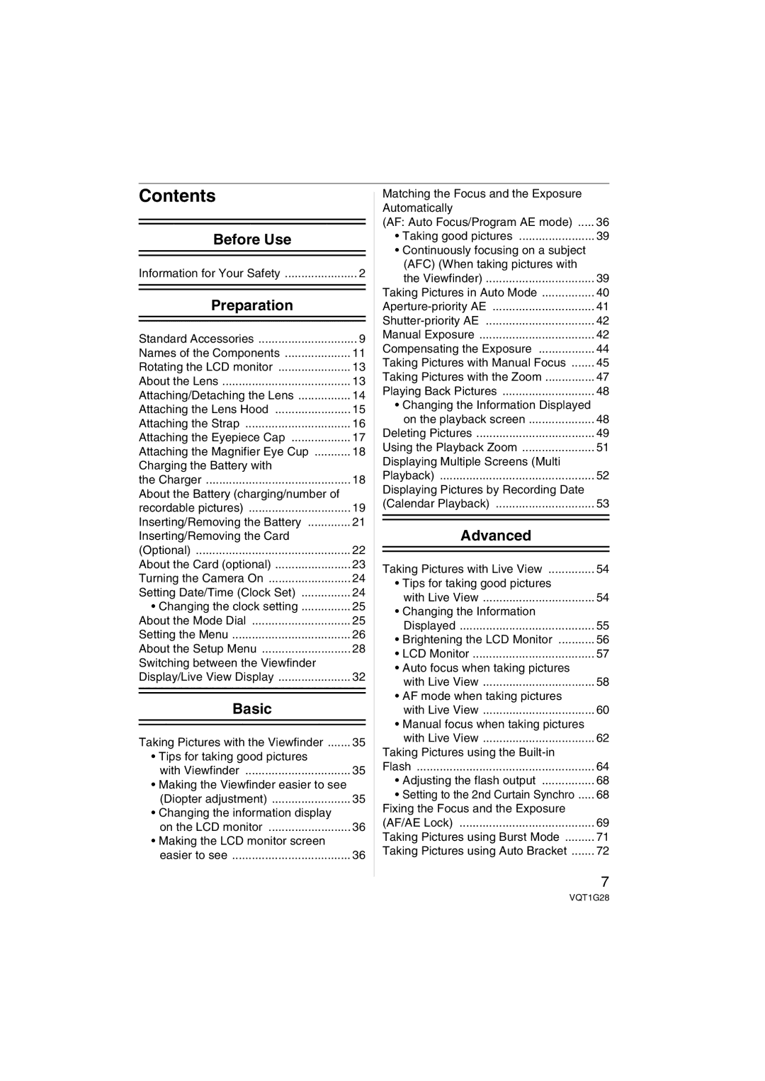 Panasonic DMC-L10K operating instructions Contents 