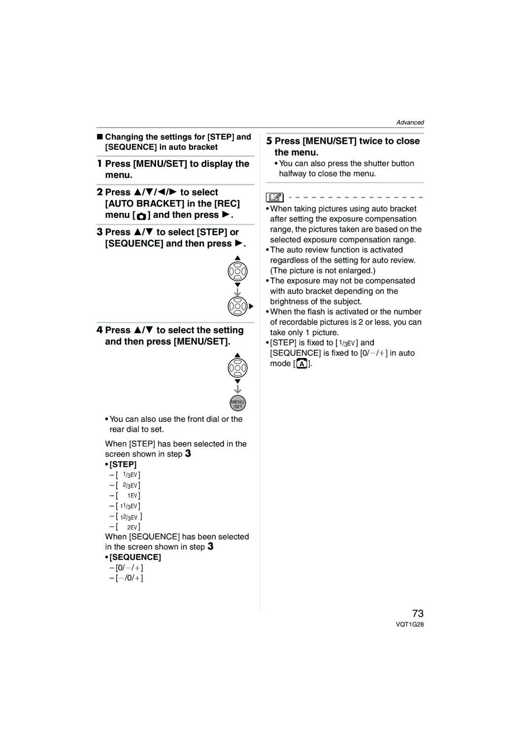 Panasonic DMC-L10K Press MENU/SET twice to close the menu, Changing the settings for Step and Sequence in auto bracket 