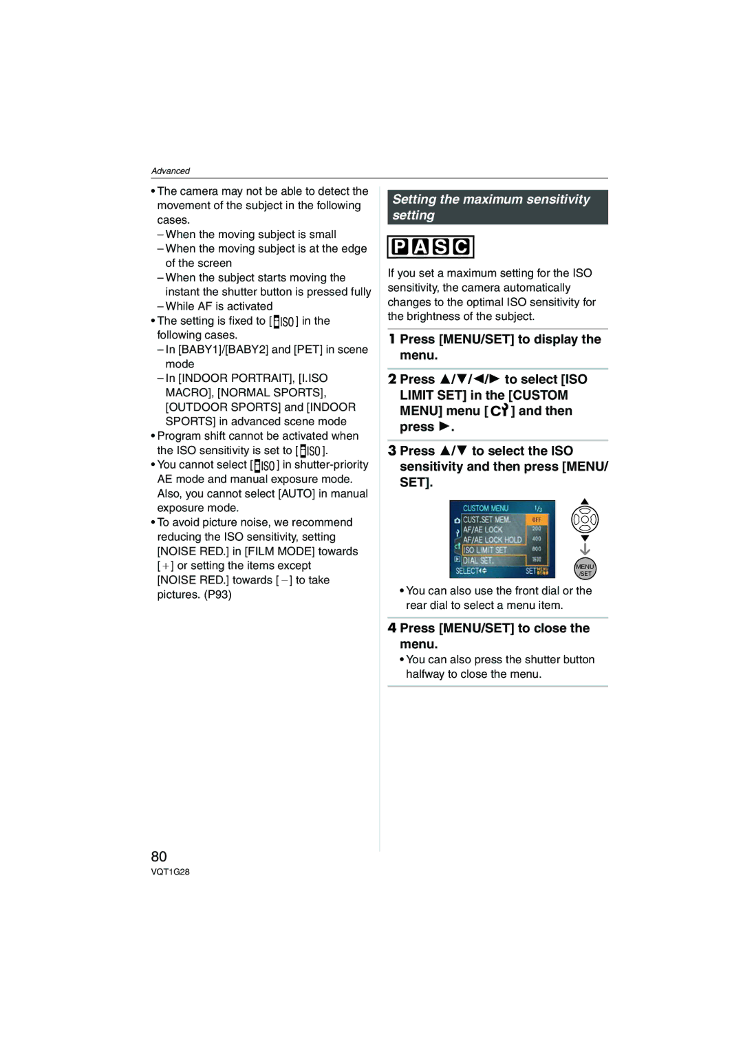 Panasonic DMC-L10K operating instructions Setting the maximum sensitivity setting, Press MENU/SET to close the menu 