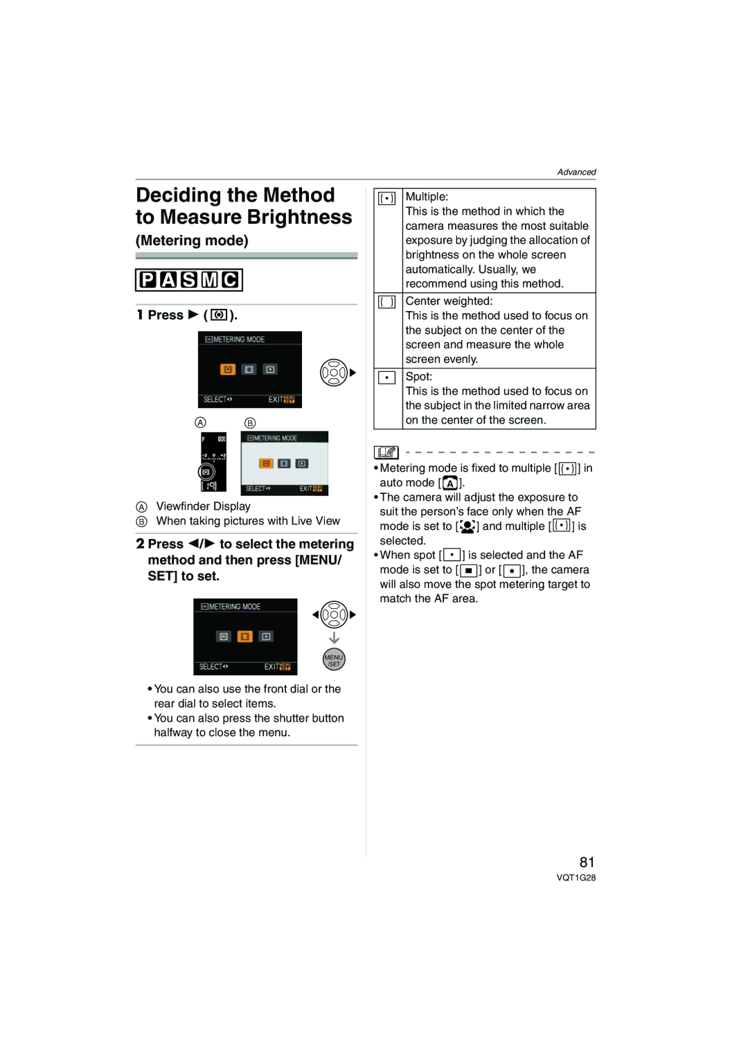 Panasonic DMC-L10K operating instructions Deciding the Method to Measure Brightness, Metering mode 