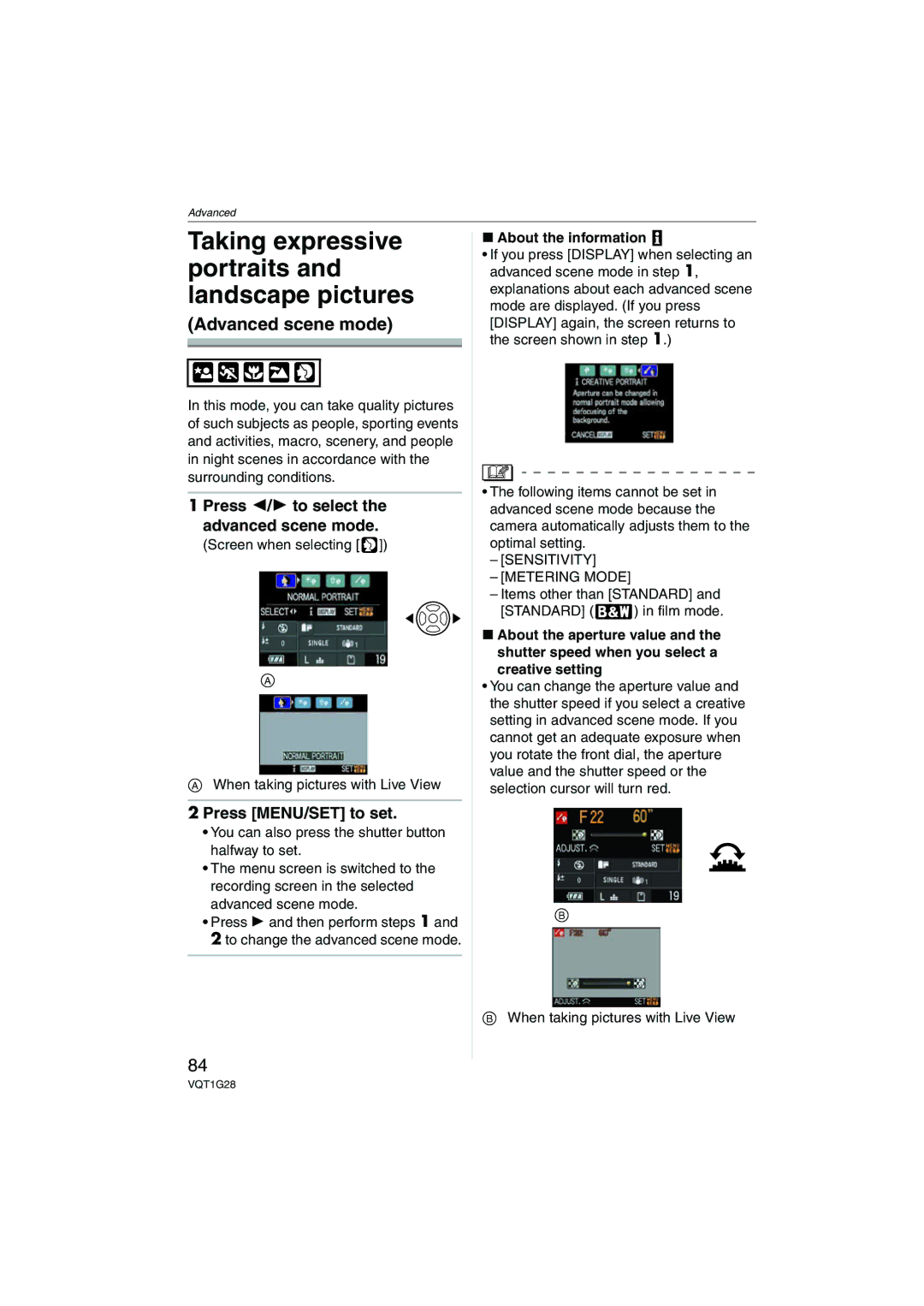 Panasonic DMC-L10K Taking expressive portraits and landscape pictures, Press 2/1 to select the advanced scene mode 