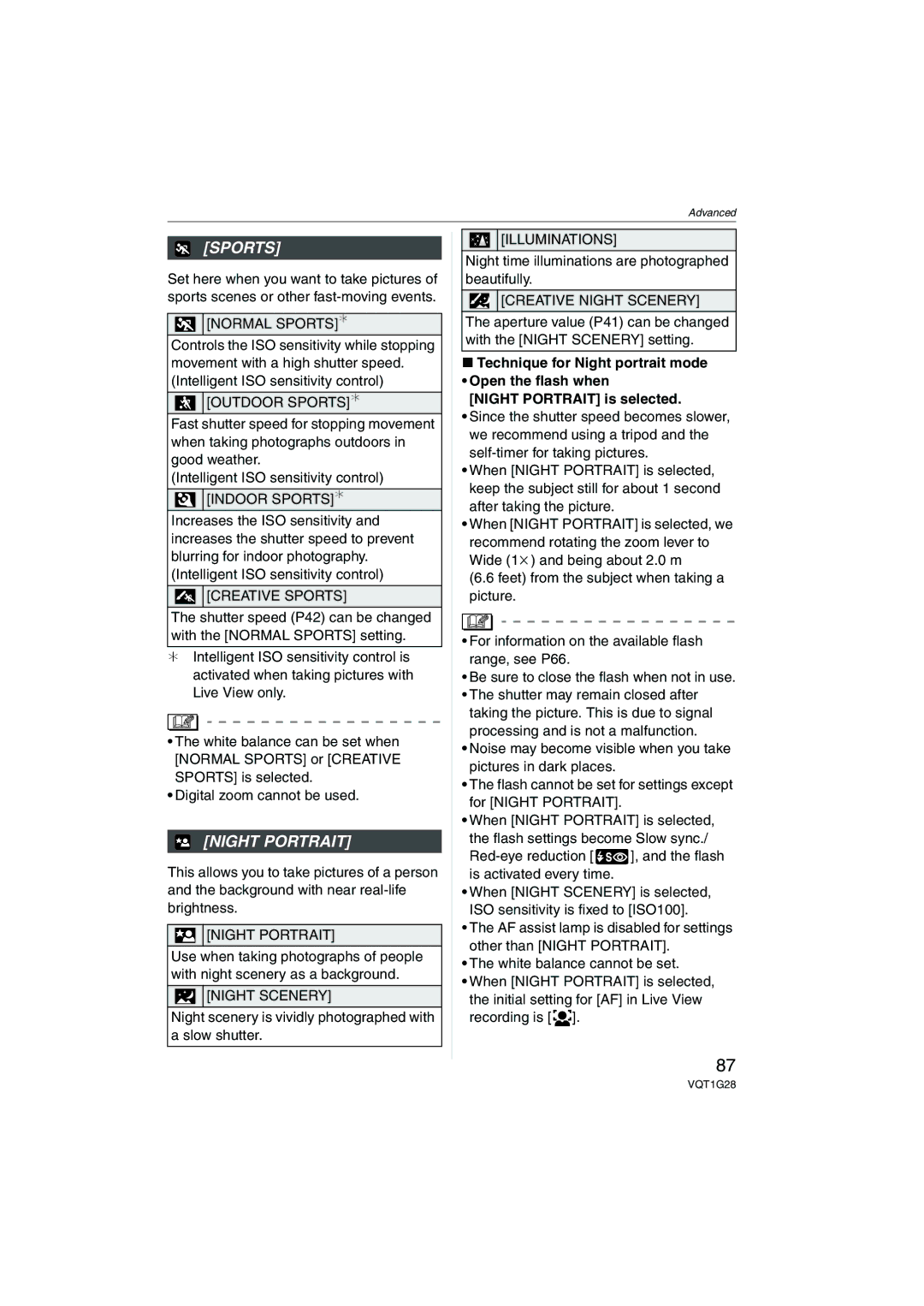 Panasonic DMC-L10K operating instructions Sports, Night Portrait 