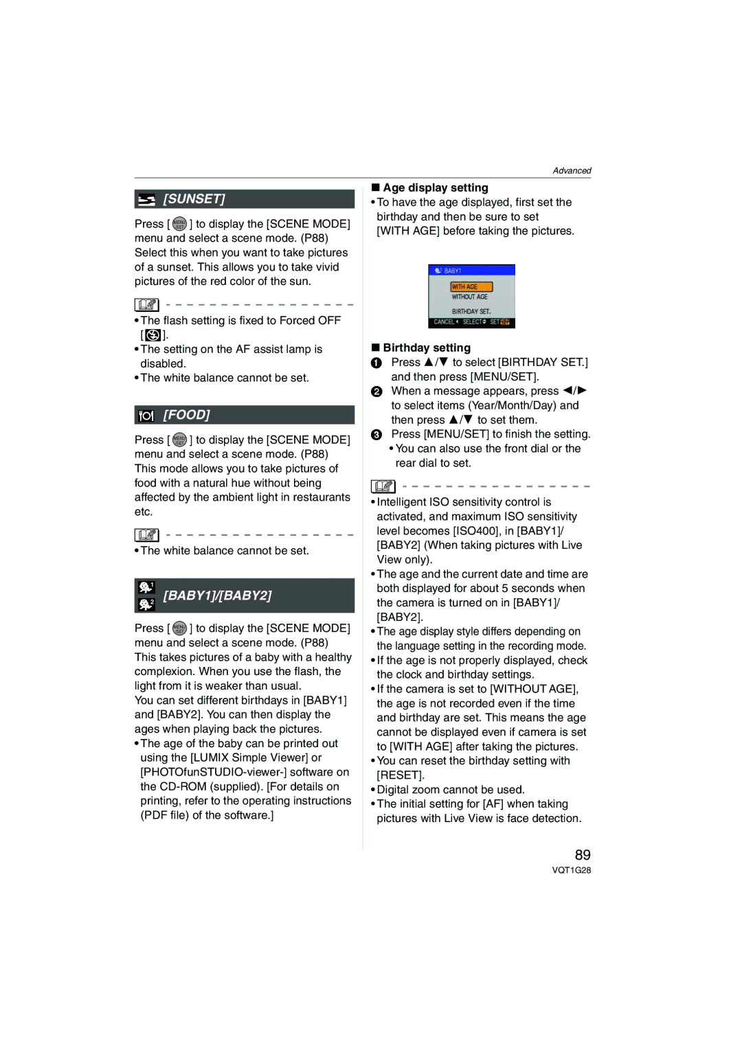 Panasonic DMC-L10K operating instructions Sunset, Food, BABY1/BABY2, Age display setting, Birthday setting 