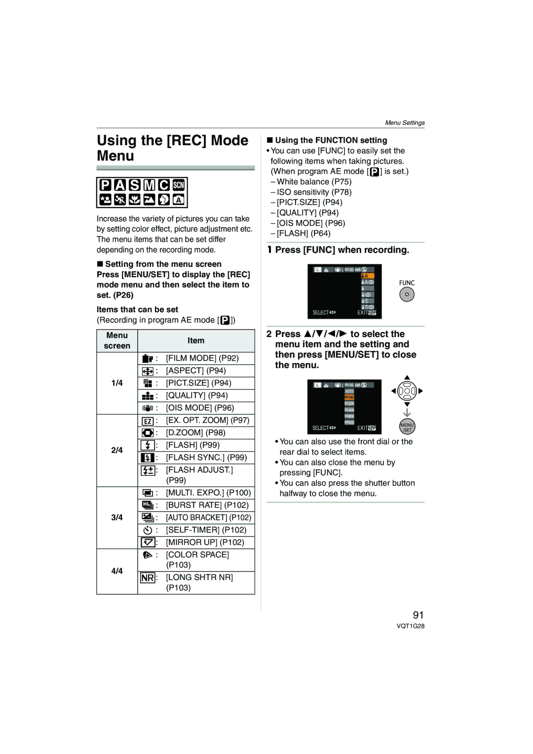 Panasonic DMC-L10K Using the REC Mode Menu, Film Mode P92, Using the Function setting, Burst Rate P102, SELF-TIMER P102 