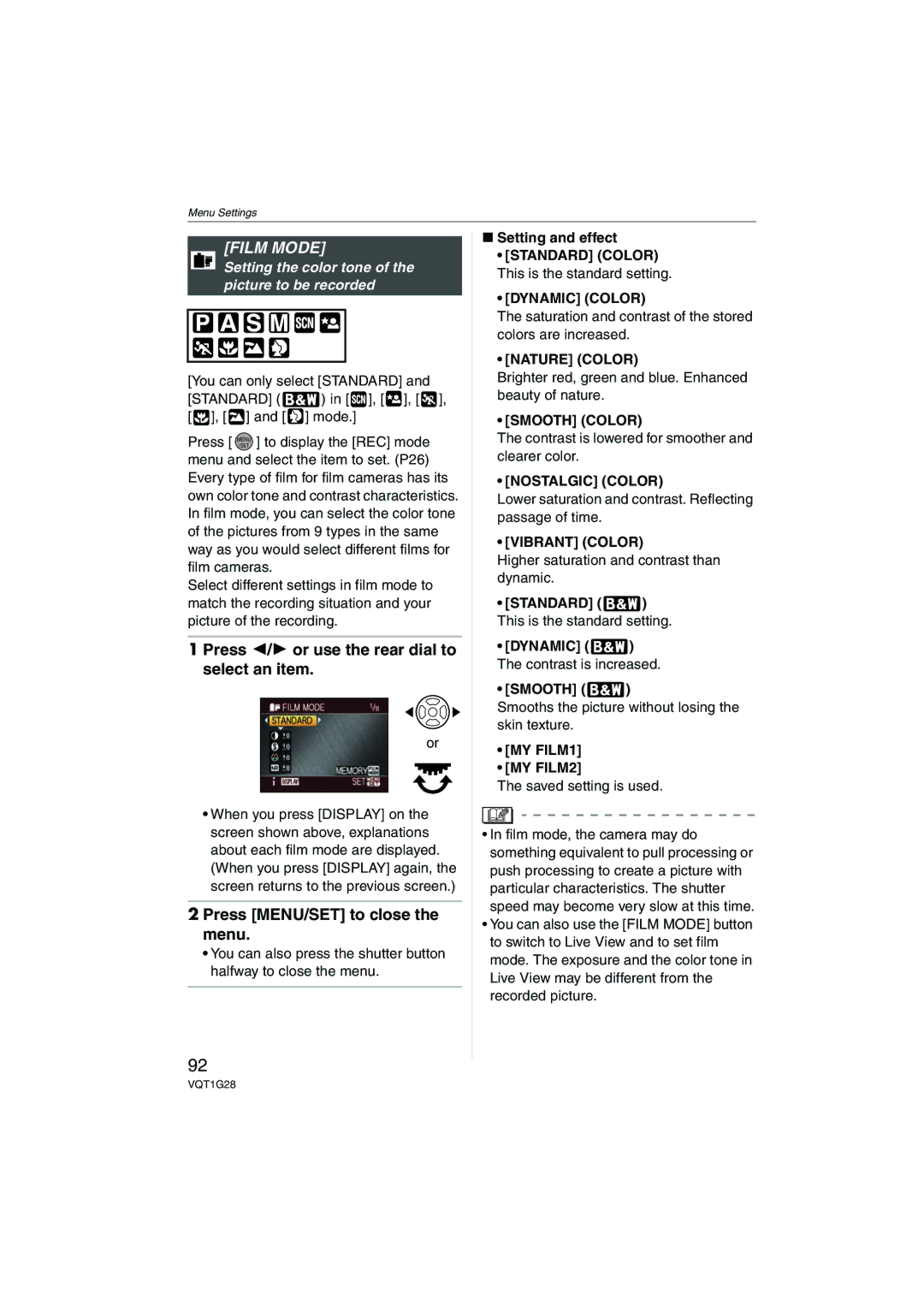 Panasonic DMC-L10K operating instructions Film Mode, Press 2/1 or use the rear dial to select an item 