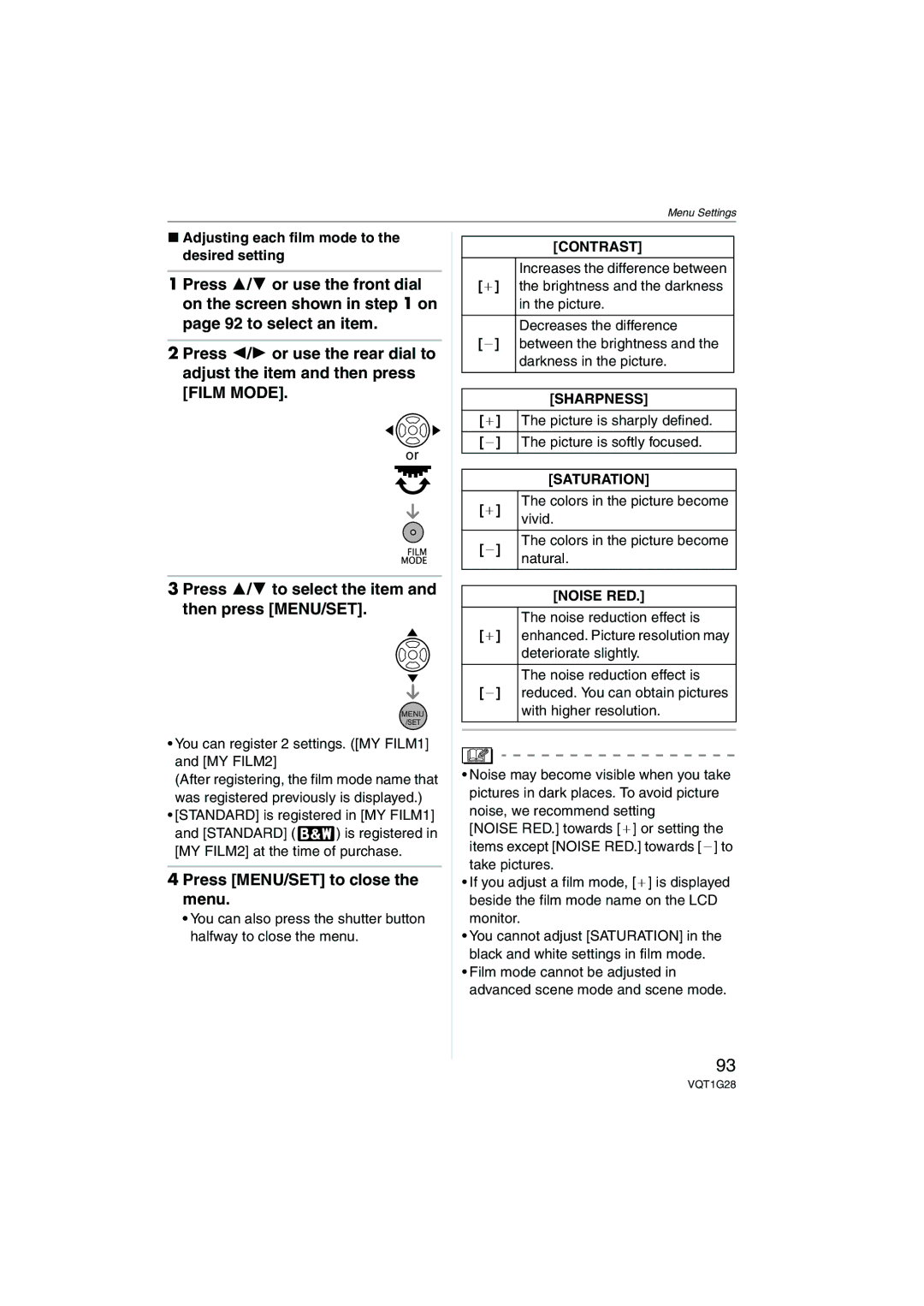 Panasonic DMC-L10K operating instructions Contrast, Sharpness, Saturation, Noise RED 