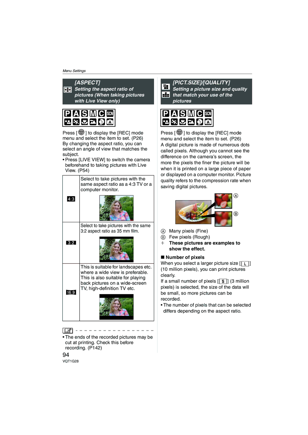 Panasonic DMC-L10K operating instructions Aspect, Pict.Size/Quality, Many pixels Fine B Few pixels Rough 