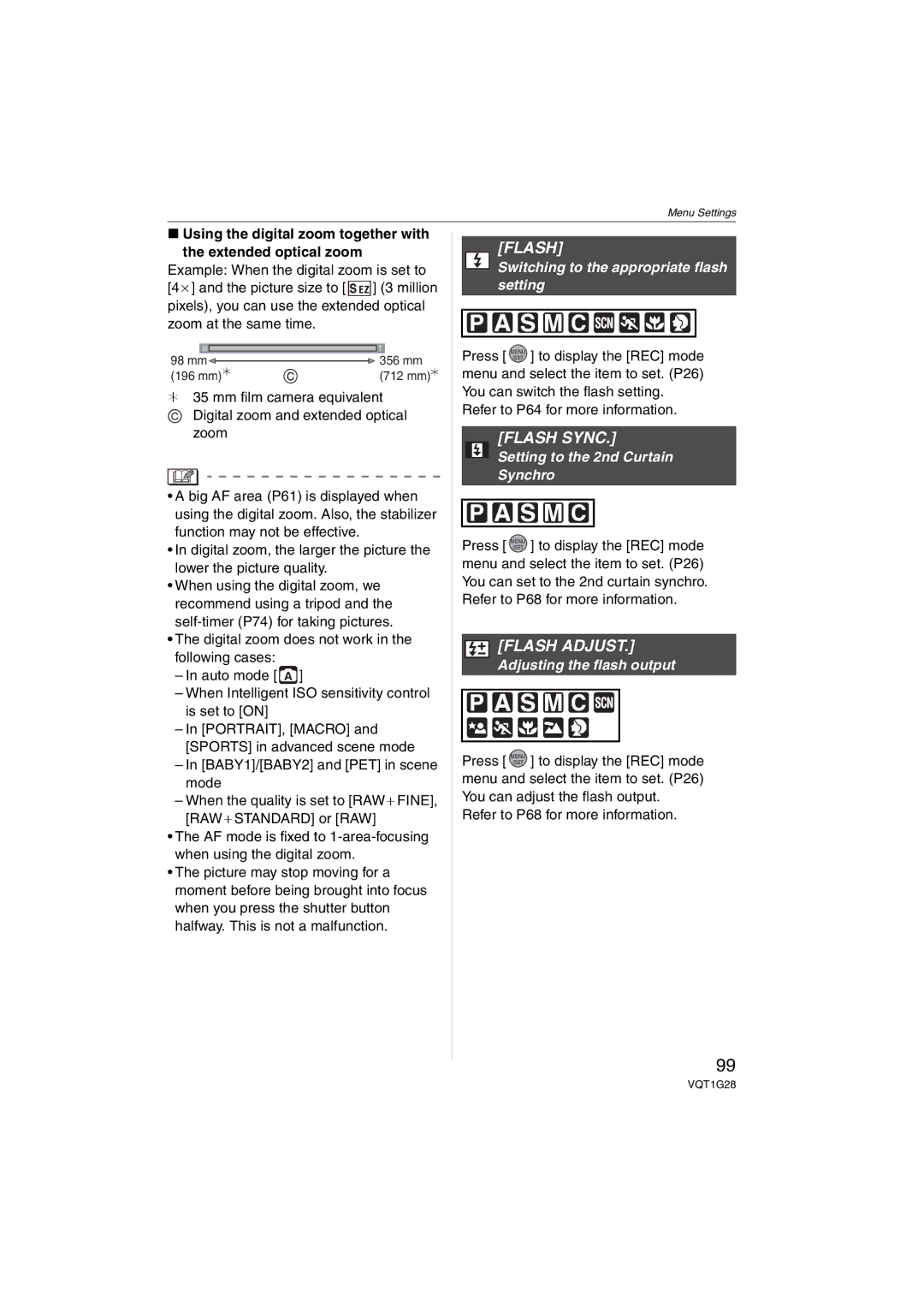 Panasonic DMC-L10K operating instructions Flash Sync, Using the digital zoom together with Extended optical zoom 