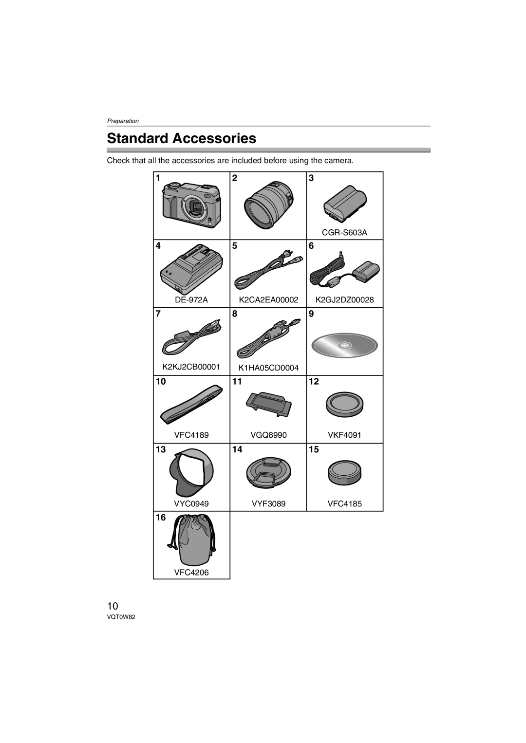 Panasonic DMC-L1K, VQT0W82 operating instructions Standard Accessories 