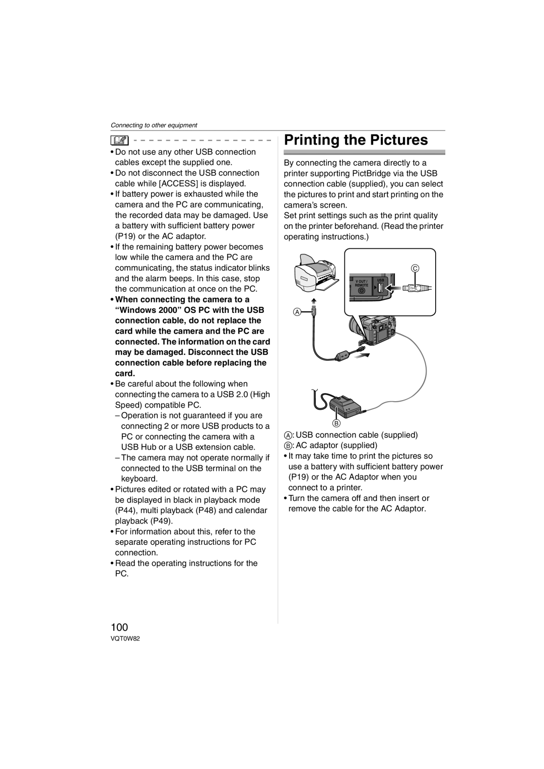 Panasonic DMC-L1K, VQT0W82 operating instructions Printing the Pictures, 100 