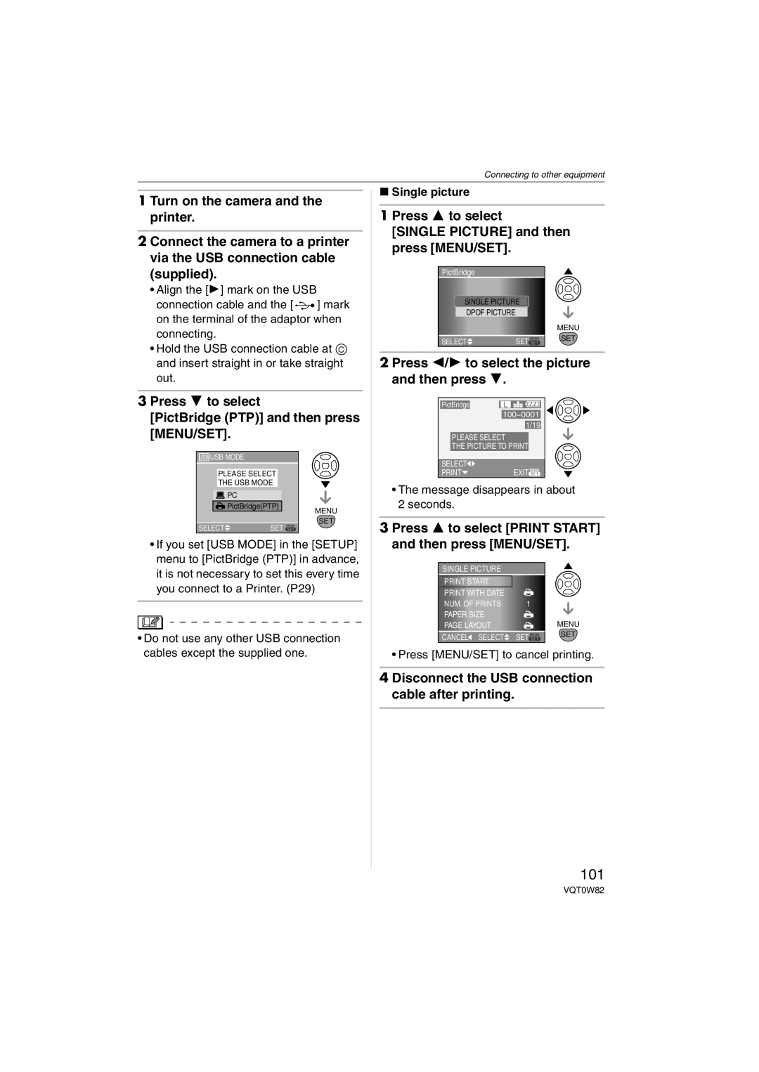 Panasonic VQT0W82, DMC-L1K operating instructions 101, Press 4 to select PictBridge PTP and then press MENU/SET 