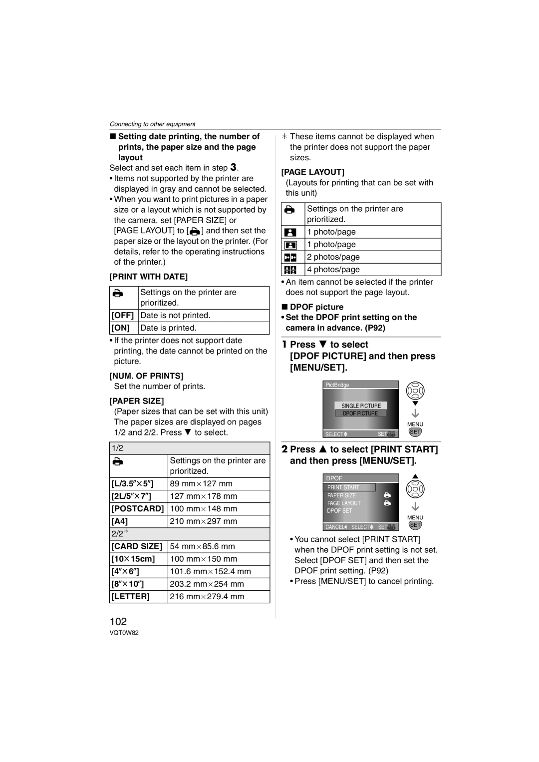 Panasonic DMC-L1K, VQT0W82 operating instructions 102, Press 4 to select Dpof Picture and then press MENU/SET 