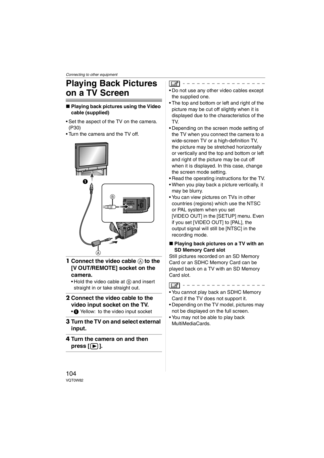 Panasonic DMC-L1K Playing Back Pictures on a TV Screen, 104, Connect the video cable to the video input socket on the TV 