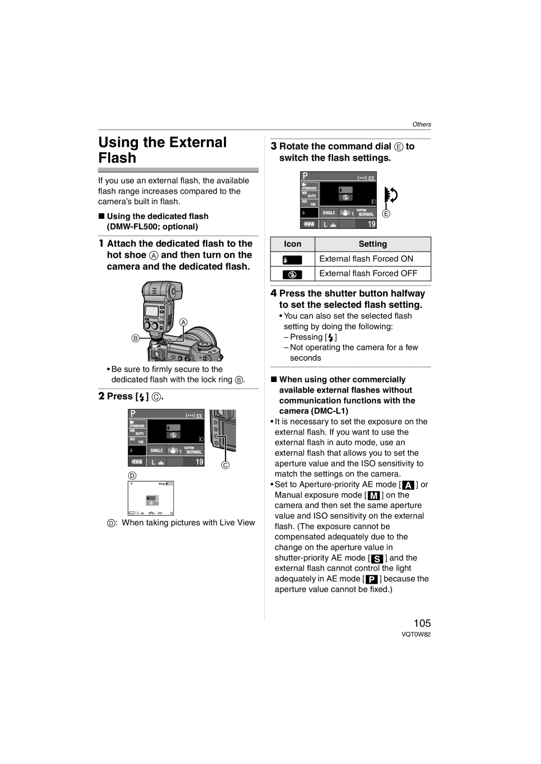 Panasonic VQT0W82, DMC-L1K Using the External Flash, 105, Press C, Rotate the command dial E to switch the flash settings 