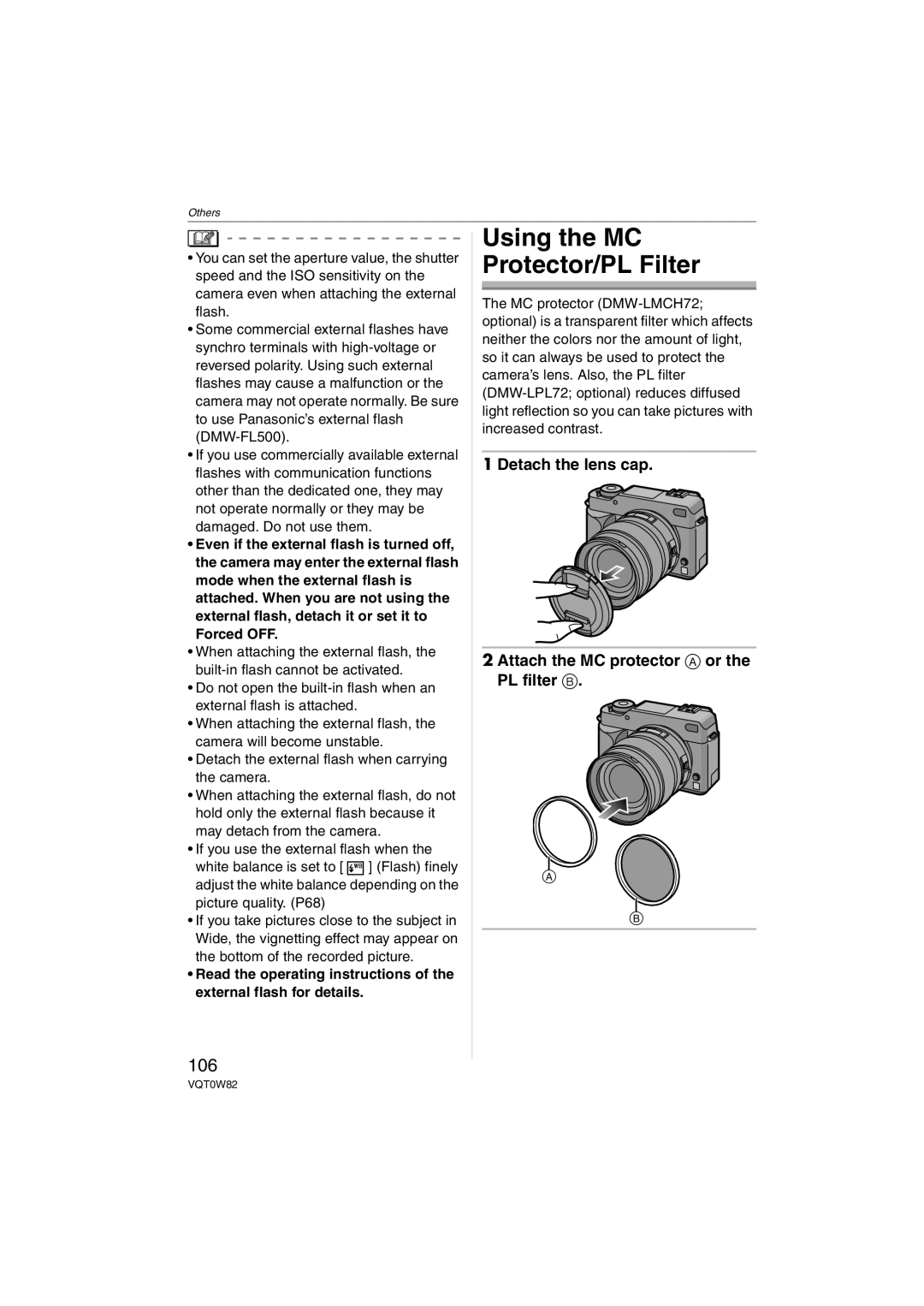 Panasonic DMC-L1K, VQT0W82 operating instructions Using the MC Protector/PL Filter, 106, Picture quality. P68 