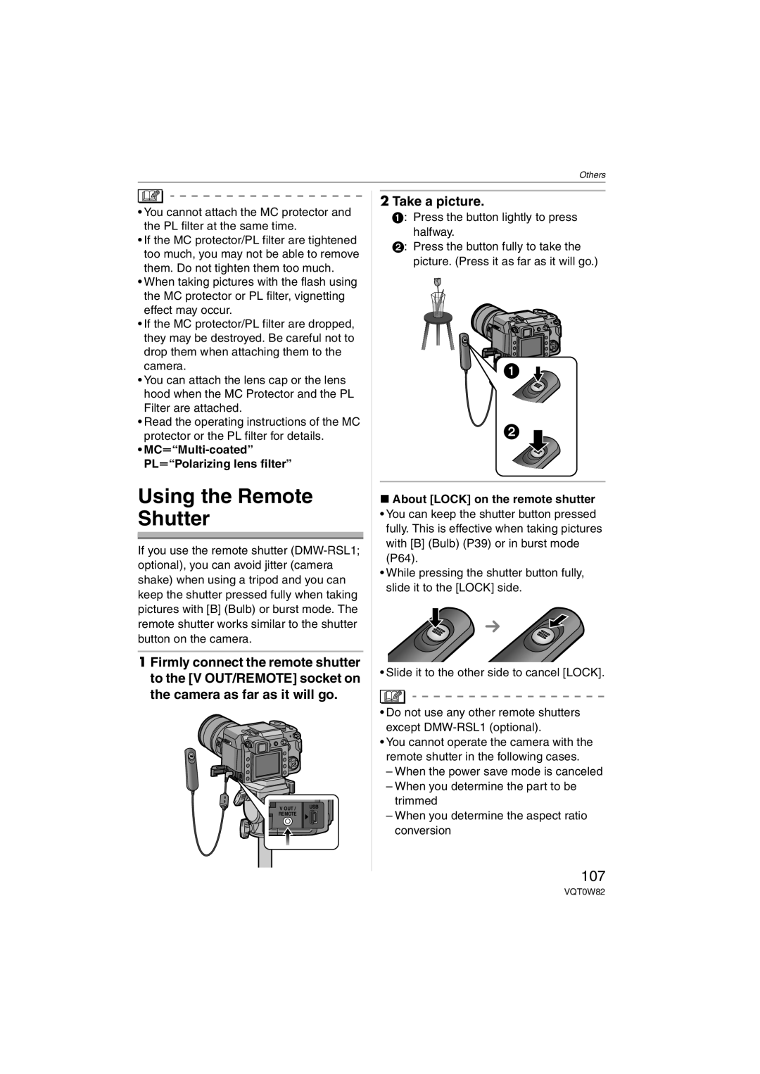 Panasonic VQT0W82, DMC-L1K operating instructions Using the Remote Shutter, 107, MCuMulti-coated PLuPolarizing lens filter 