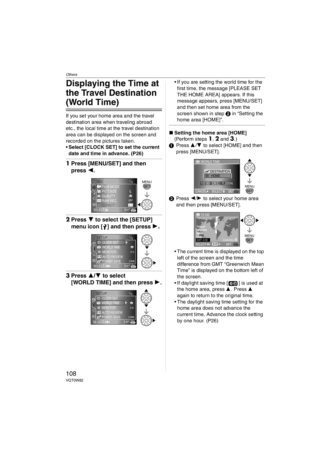 Panasonic DMC-L1K Displaying the Time at Travel Destination World Time, 108, Press 3/4 to select World Time and then press 